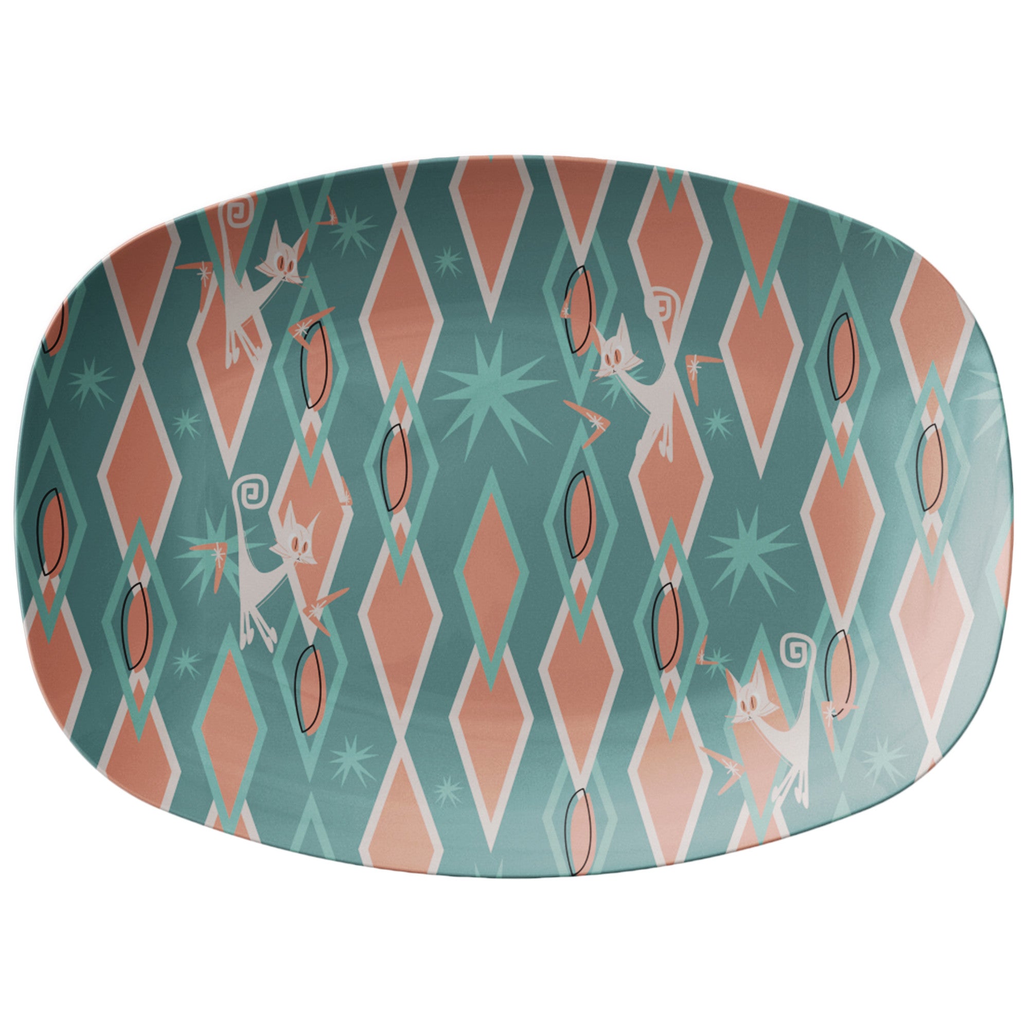 Mid Century Modern Party Platter With White Atomic Space Kitties, Diamond, Starburst Outdoor Spring, Summer Dining Decor - Mid Century Modern Gal