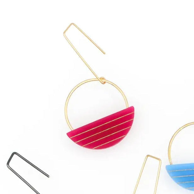 Mira Earrings · Stripe Semicircle Open Loop · Geometric · Mid Century Modern - Magenta - Mid Century Modern Gal
