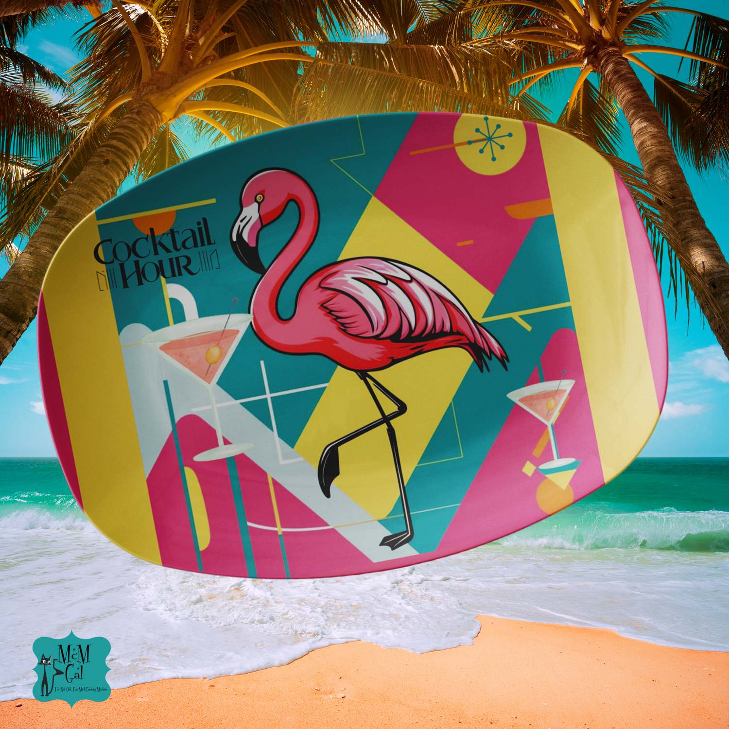 Palm Springs Cali Kitschy Mod Flamingo MCM Barware Cocktail Hour Platter - Mid Century Modern Gal