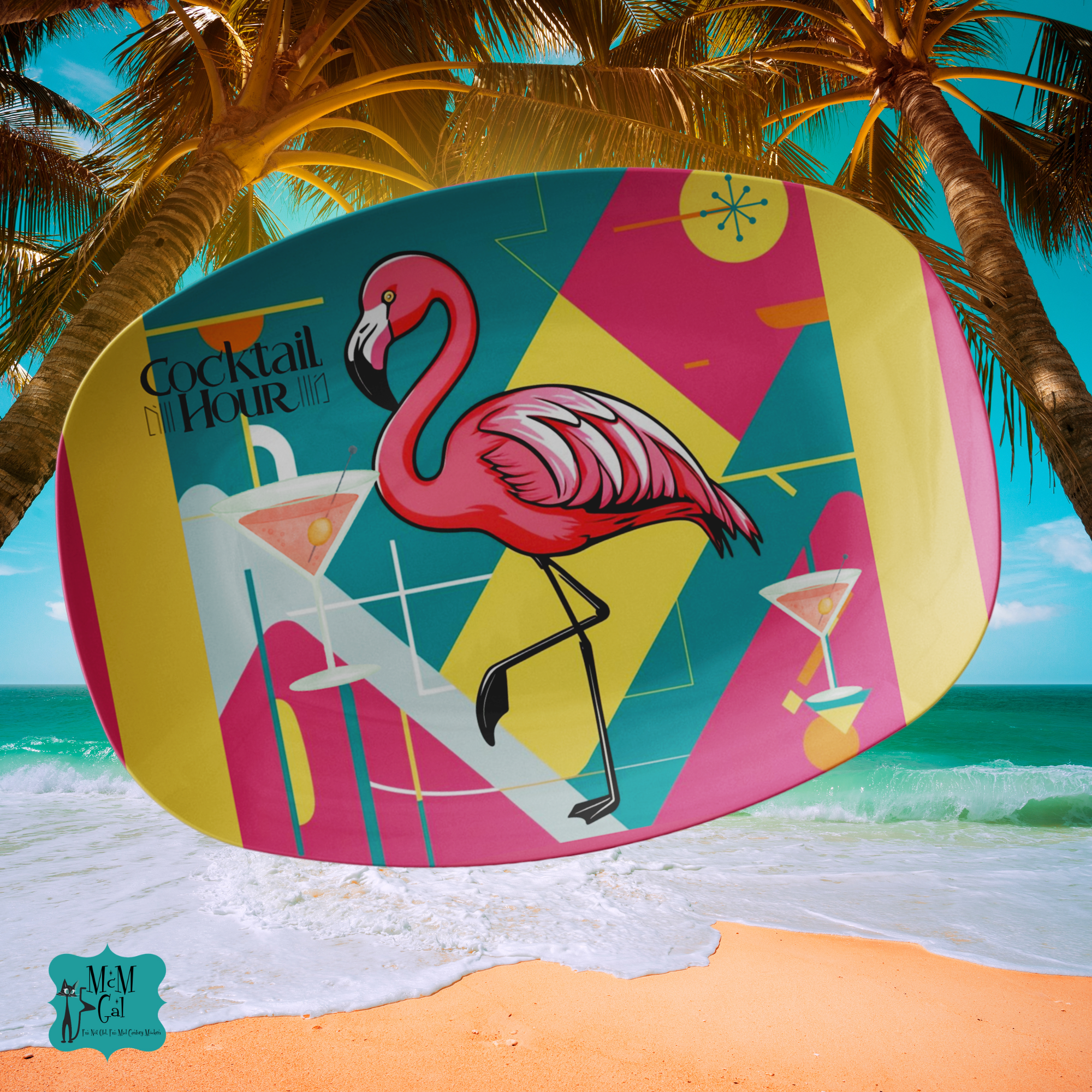 Palm Springs Cali Kitschy Mod Flamingo MCM Barware Cocktail Hour Platter - Mid Century Modern Gal