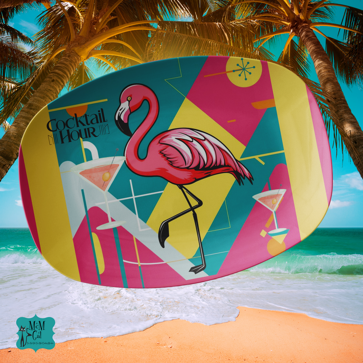Palm Springs Cali Kitschy Mod Flamingo MCM Barware Cocktail Hour Platter - Mid Century Modern Gal
