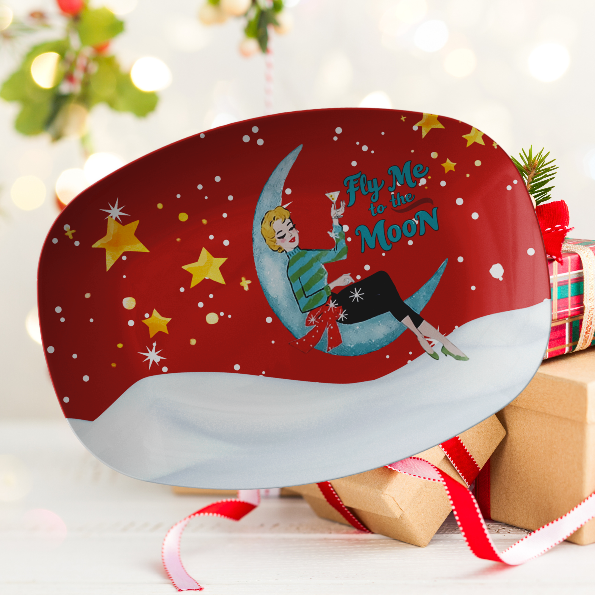 Mid Century Modern Christmas Kitsch, Fly Me To The Moon Holiday Platter - Mid Century Modern Gal