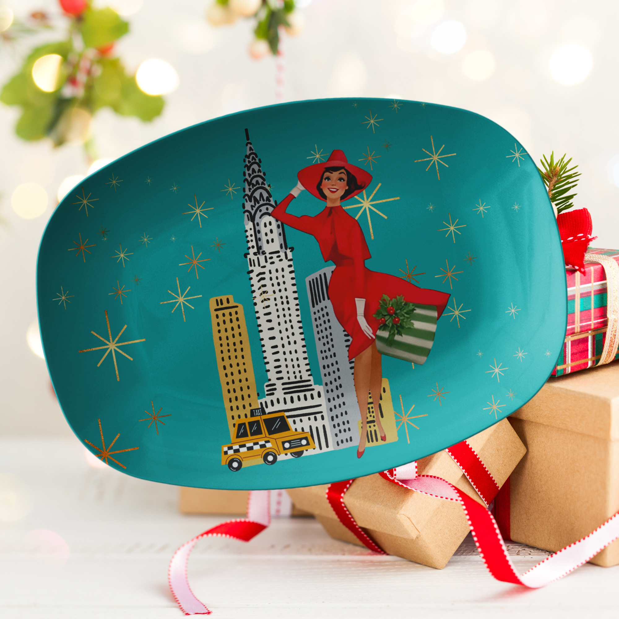 Mid Century Modern Kitschmas Mod Gal, City Scape Christmas Platter - Mid Century Modern Gal