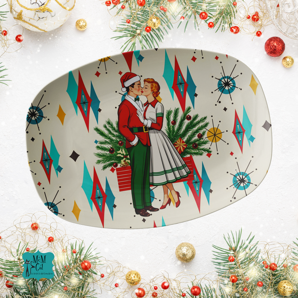 Mid Mod Christmas Vintage 50s Kitschy Couple Christmas Card MCM Platter