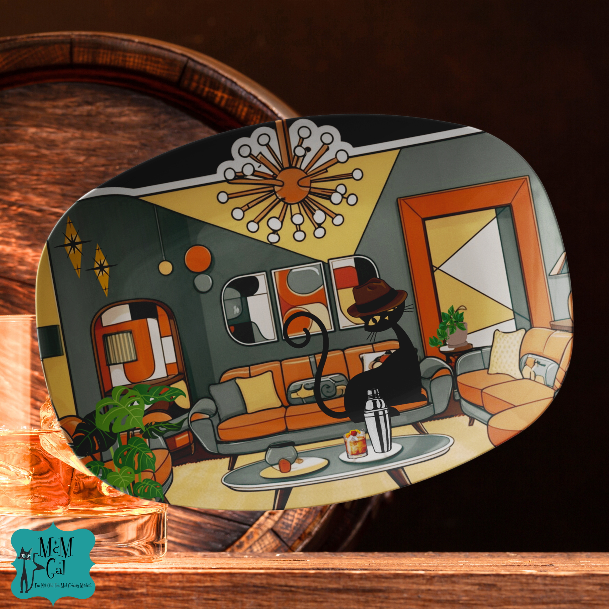 Atomic Cat, Real Cool Style, Mid Century Modern Dude MCM Barware Party Platter - Mid Century Modern Gal
