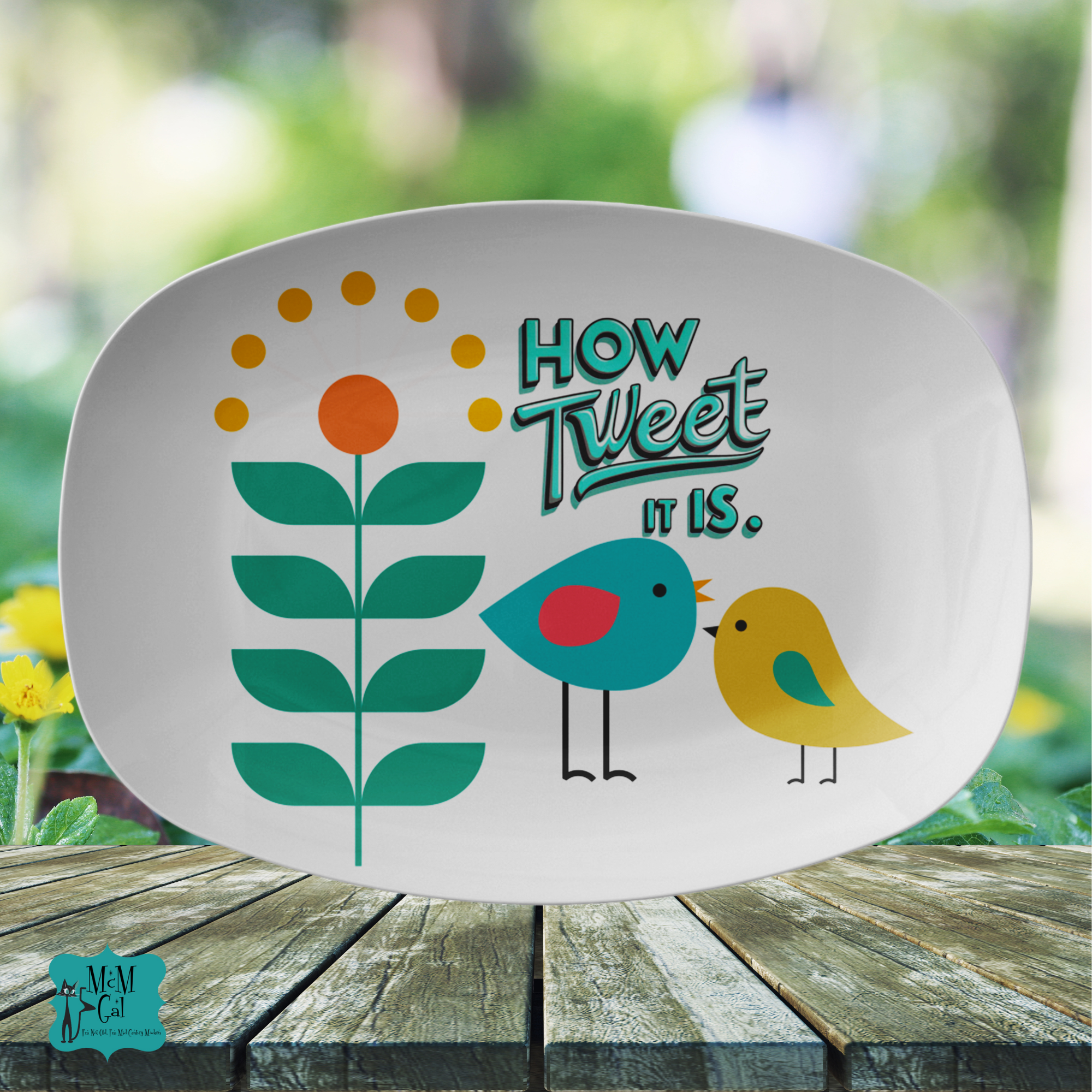 Retro Spring Summer Party Platter, Scandi Flower Birds, How Tweet It Is - Mid Century Modern Gal