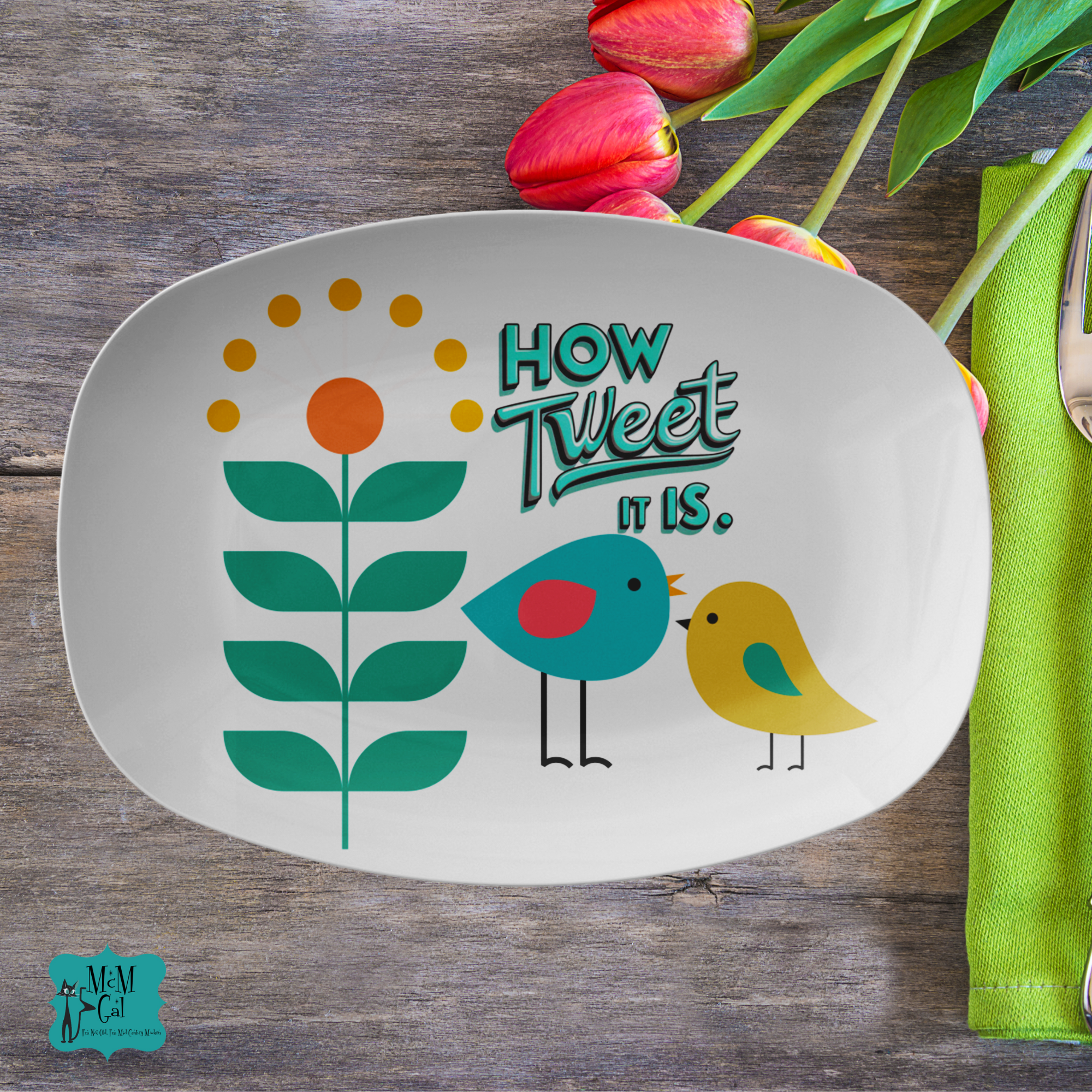 Retro Spring Summer Party Platter, Scandi Flower Birds, How Tweet It Is - Mid Century Modern Gal