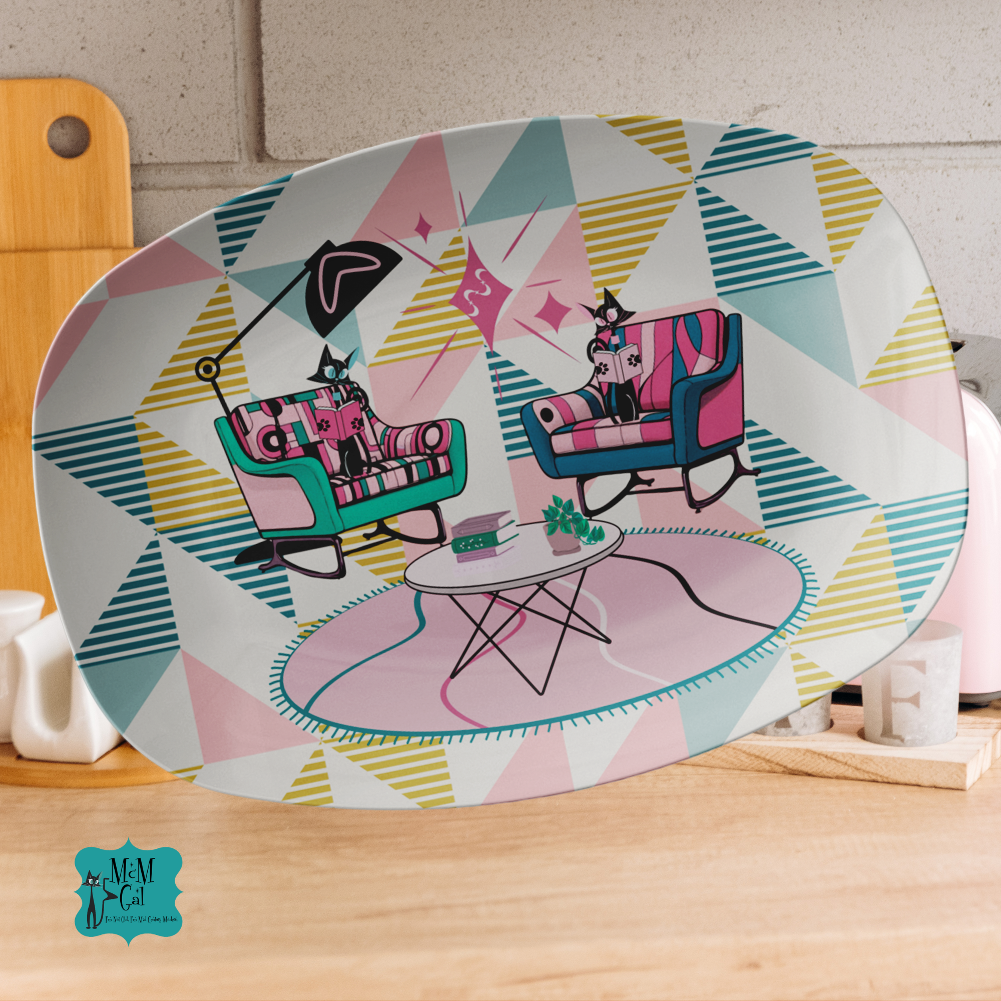 Mid Mod Reading Cats, Kitschy Mid Century Modern Party Platter Gift For Book Lover, Book Club - Mid Century Modern Gal
