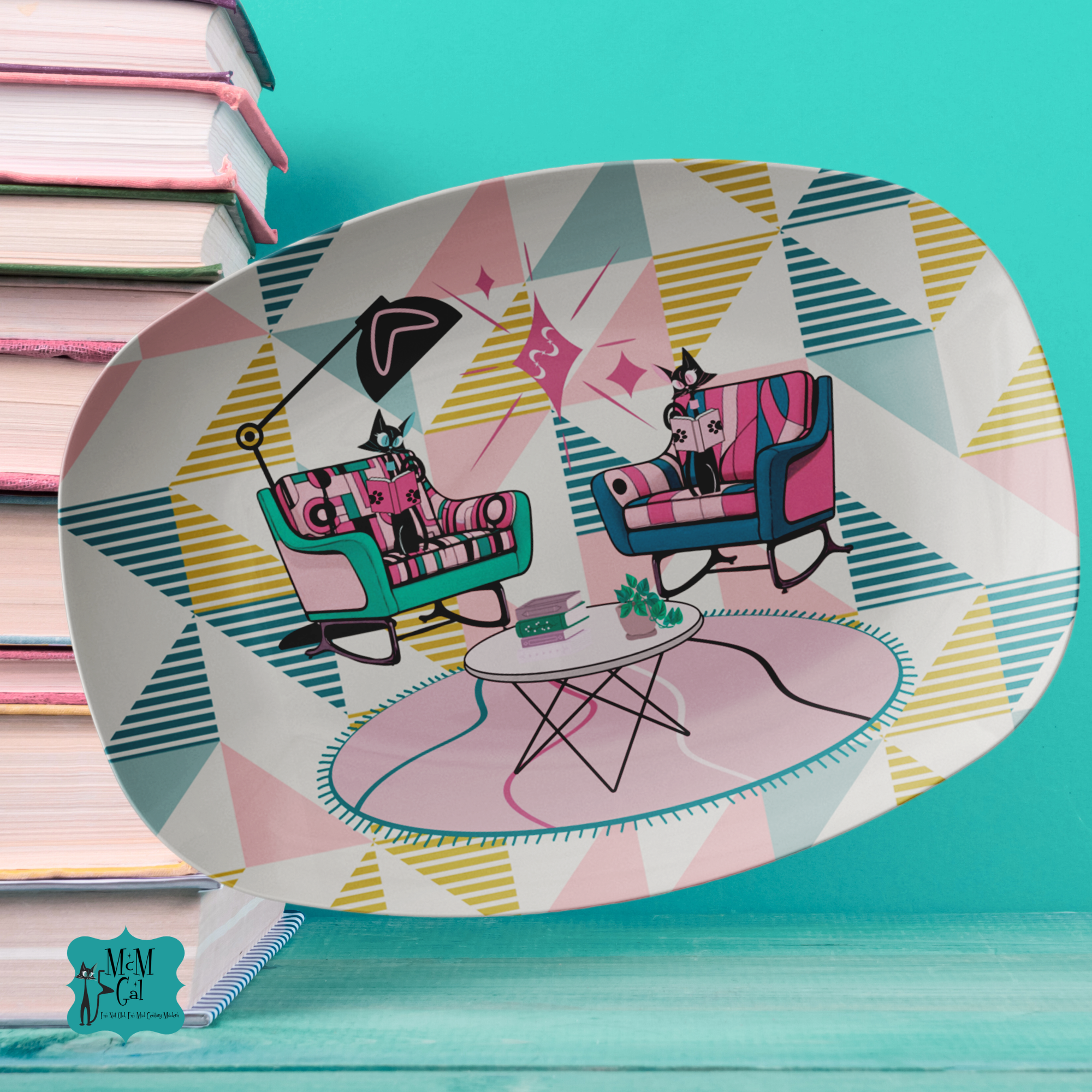 Mid Mod Reading Cats, Kitschy Mid Century Modern Party Platter Gift For Book Lover, Book Club - Mid Century Modern Gal
