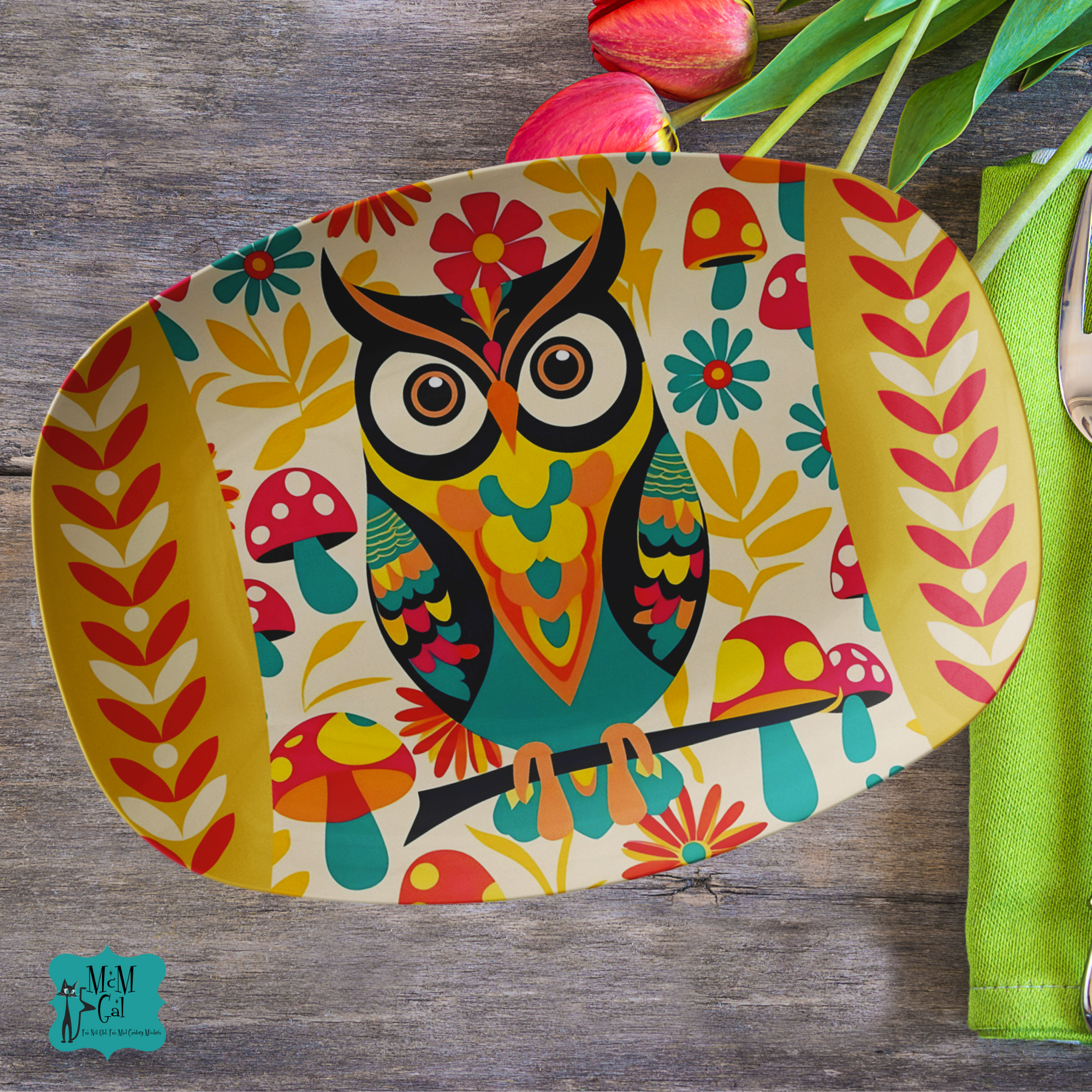 Retro Scandinavian Groovy Owl, Mushroom Mid Mod Party Platter - Mid Century Modern Gal