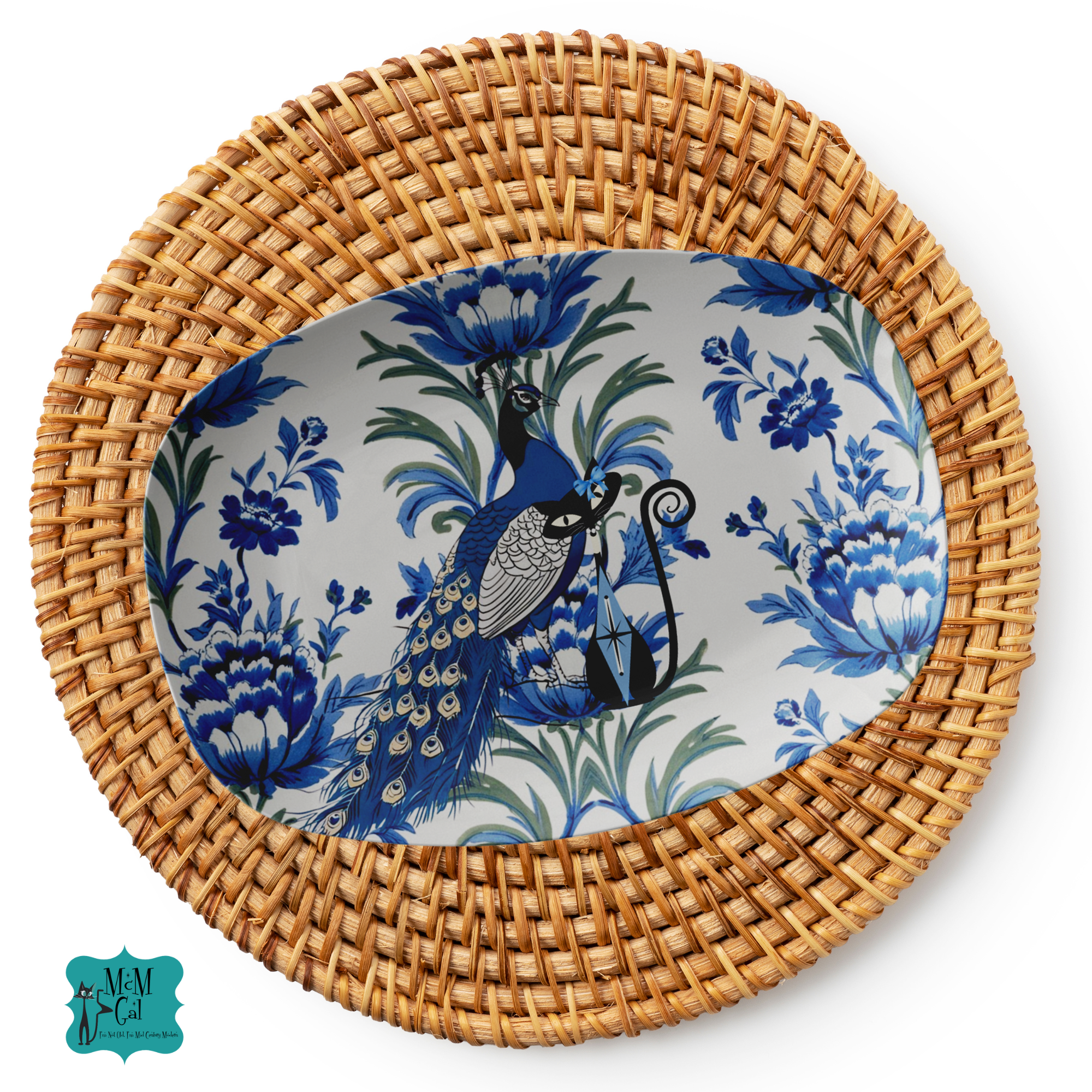 Chinoiserie Blue Peacock, Atomic Cat, Elegant Floral Beautiful Party Platter - Mid Century Modern Gal