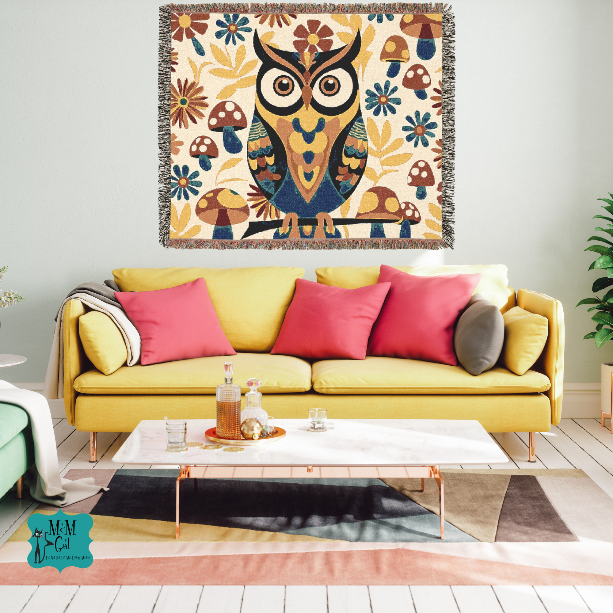 Retro Owl, Groovy 70s Mushroom Mid Mod Owl Woven Blanket - Cozy Home Decor for Nature Lovers - Mid Century Modern Gal