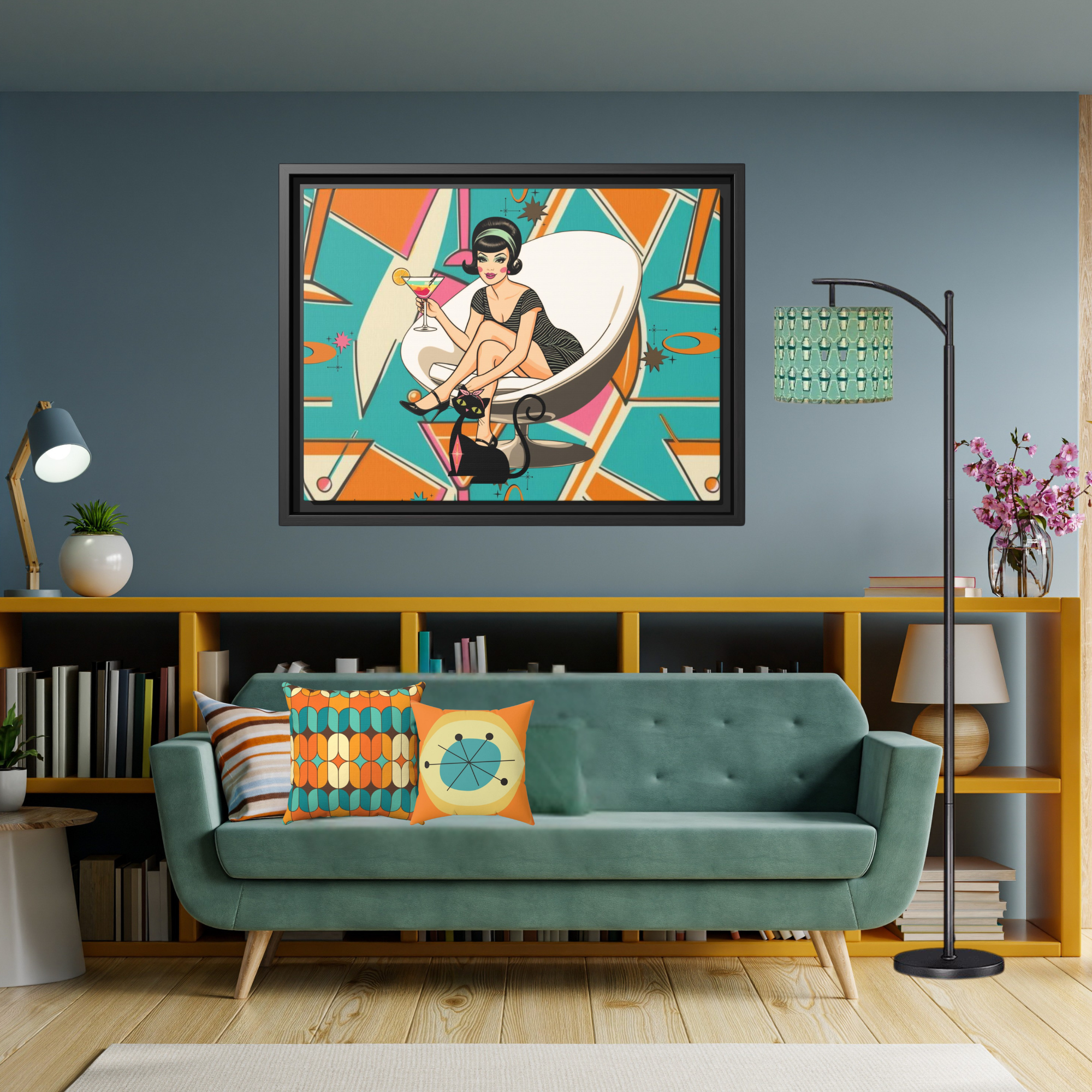 Mid Mod 60s Gal, Atomic Cat Barware Wall Art - Framed Matte Canvas with Vintage Cocktail And Retro Cat Design - Mid Century Modern Gal