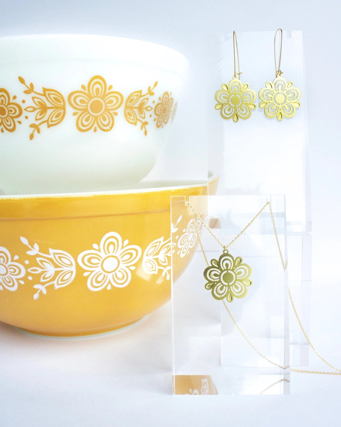 Retro Pyrex Flower Earrings | Butterfly Gold Pattern - Gold - Mid Century Modern Gal