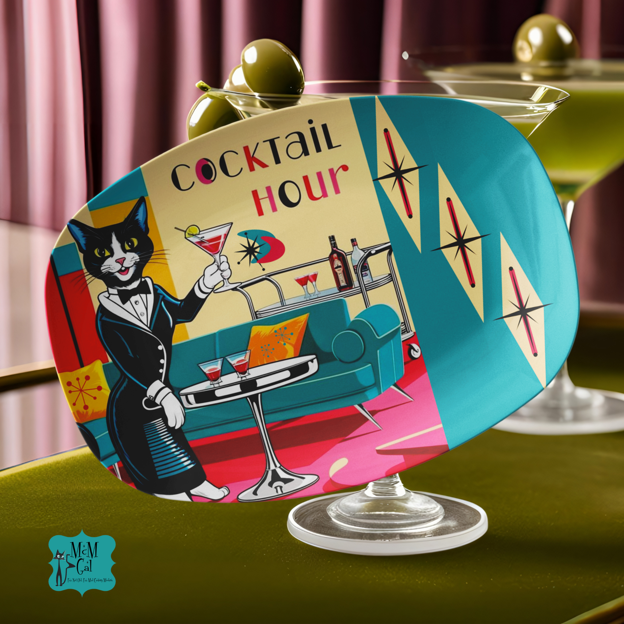 Mid Century Modern Barware Party Platter Atomic Kitschy Cat Cocktail Hour - Mid Century Modern Gal