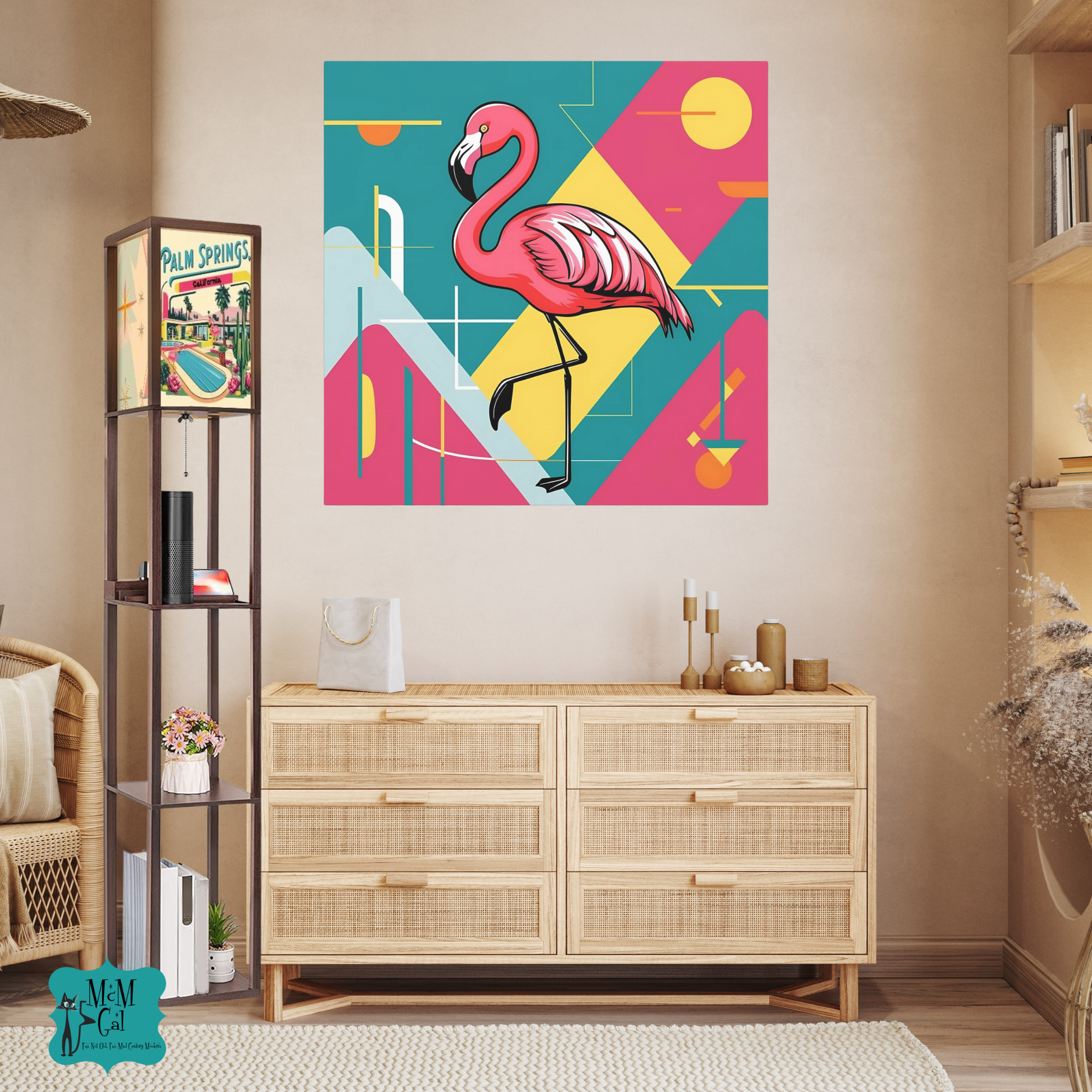 Mid Century Modern Flamingo Art, Kitschy Mod Vibrant Pink Bauhaus Palm Springs Style Wall Art - Mid Century Modern Gal