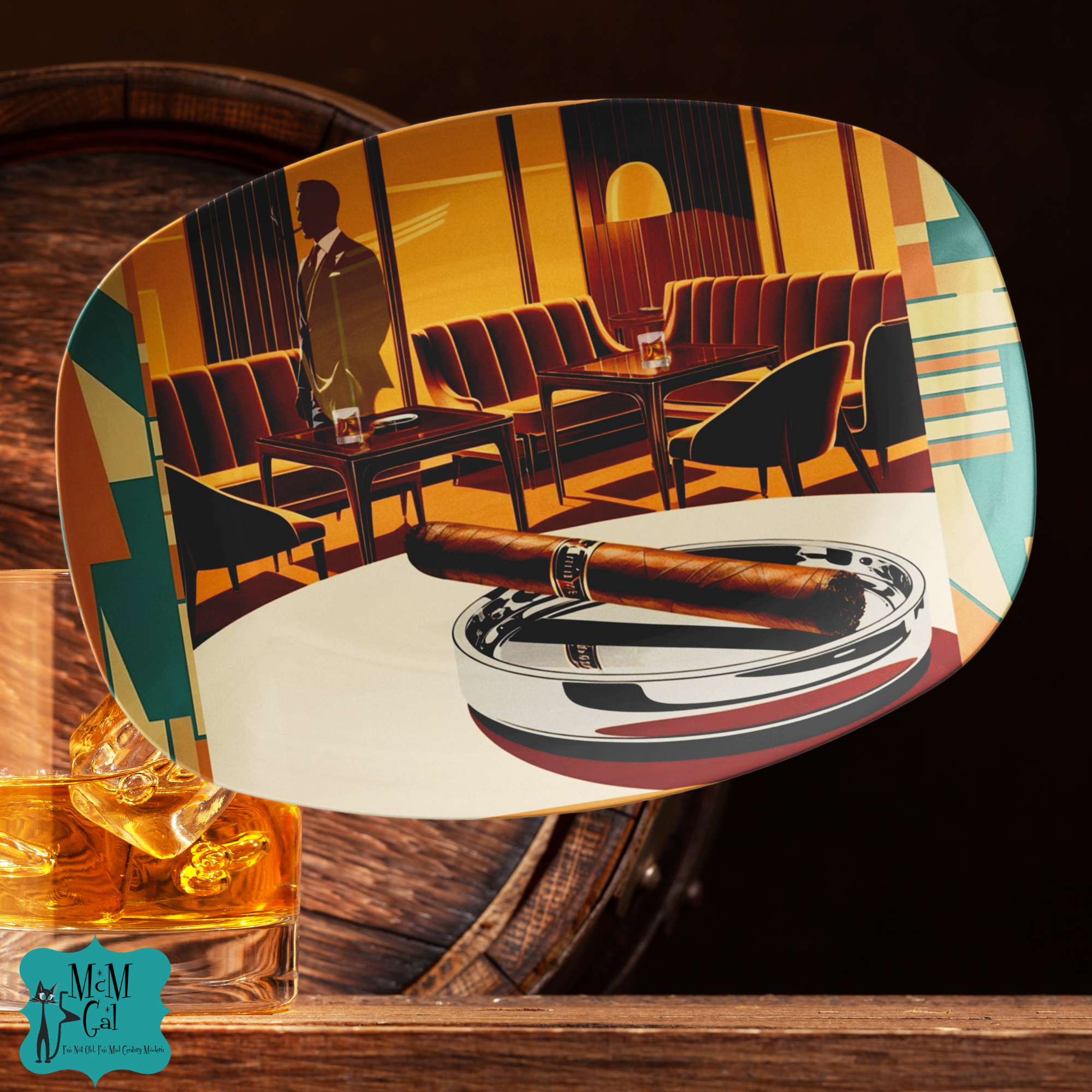 Mid Century Modern Dapper Dude Bourbon Cigar Lover, Bauhaus Designed Mod Platter - Mid Century Modern Gal