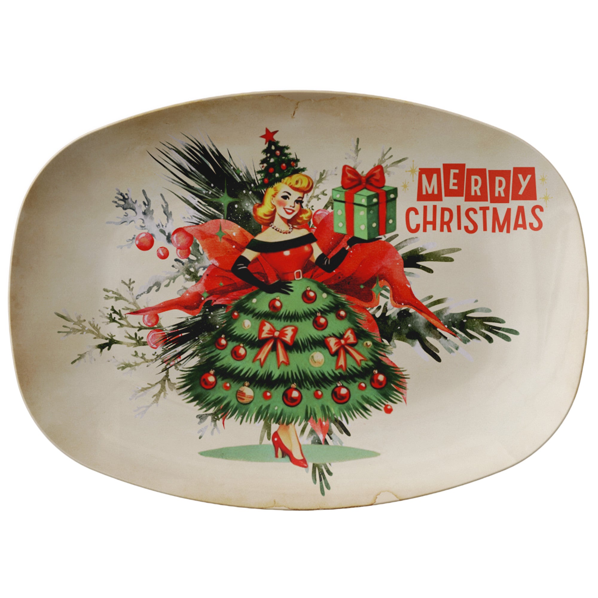 Vintage Holiday 50s Card, Mid Century Modern Kitschy 50s Gal, Merry Christmas Party Platter - Mid Century Modern Gal