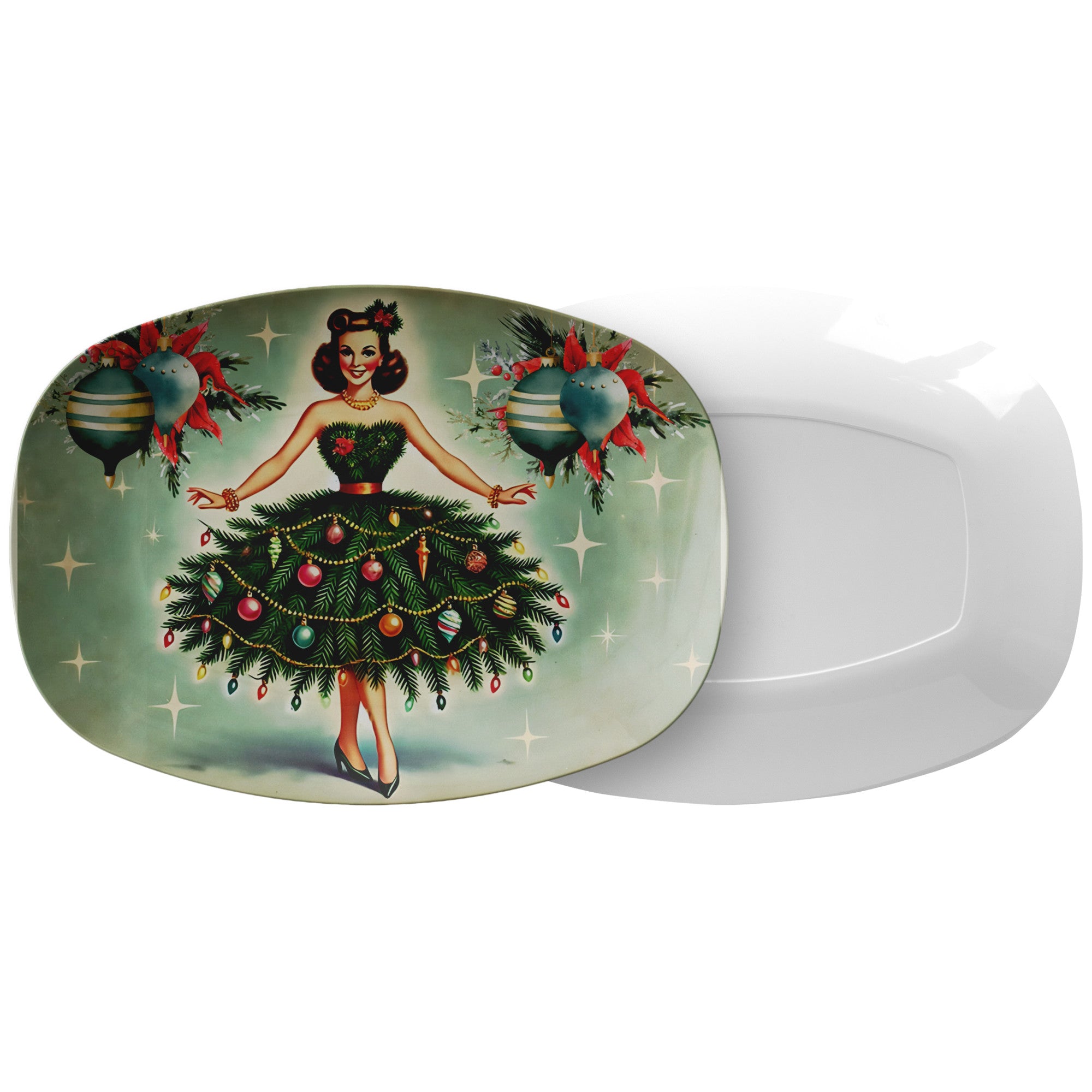 Vintage Holiday Kitsch 50s Mod Gal, Mid Century Modern Christmas Platter - Mid Century Modern Gal