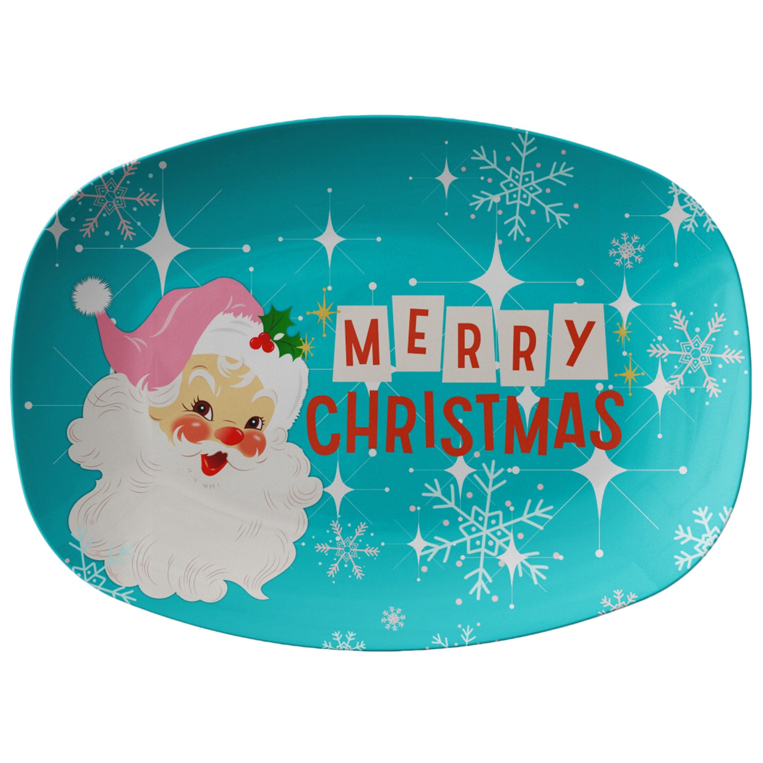 Vintage Santa, Christmas Platter, Mid Century Dinnerware, Aqua Blue, Retro Platter - Mid Century Modern Gal