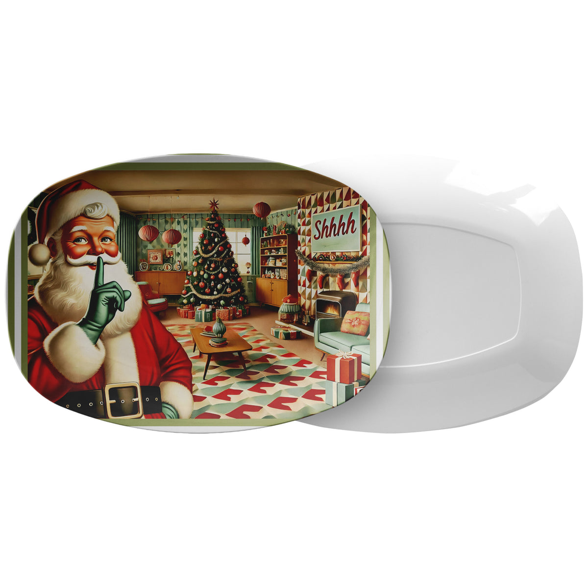 Vintage Santa Christmas Platter, Mid Century Modern Greeting Card Holiday Platter - Mid Century Modern Gal