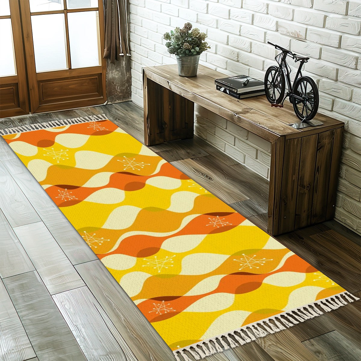 Mid Century Modern Mustard Yellow, Orange Starburst Retro Tassel Rug - Mid Century Modern Gal
