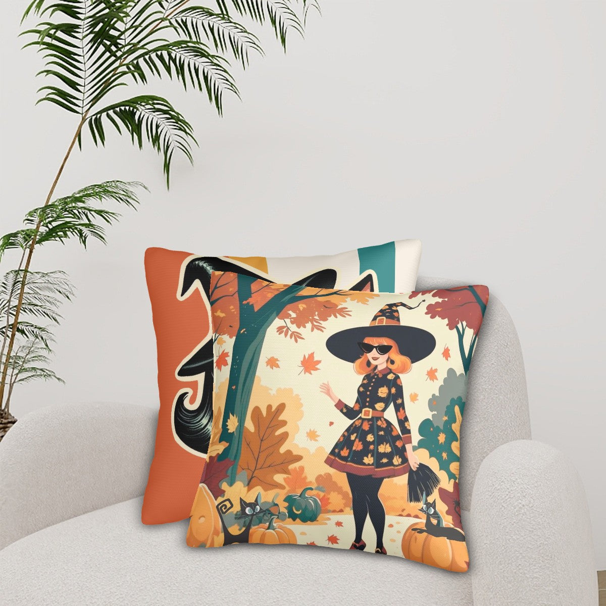 Mid Century Modern Halloween Atomic Cat Kitschy Witch Fall, Halloween Seasonal Pillow Covers - Mid Century Modern Gal