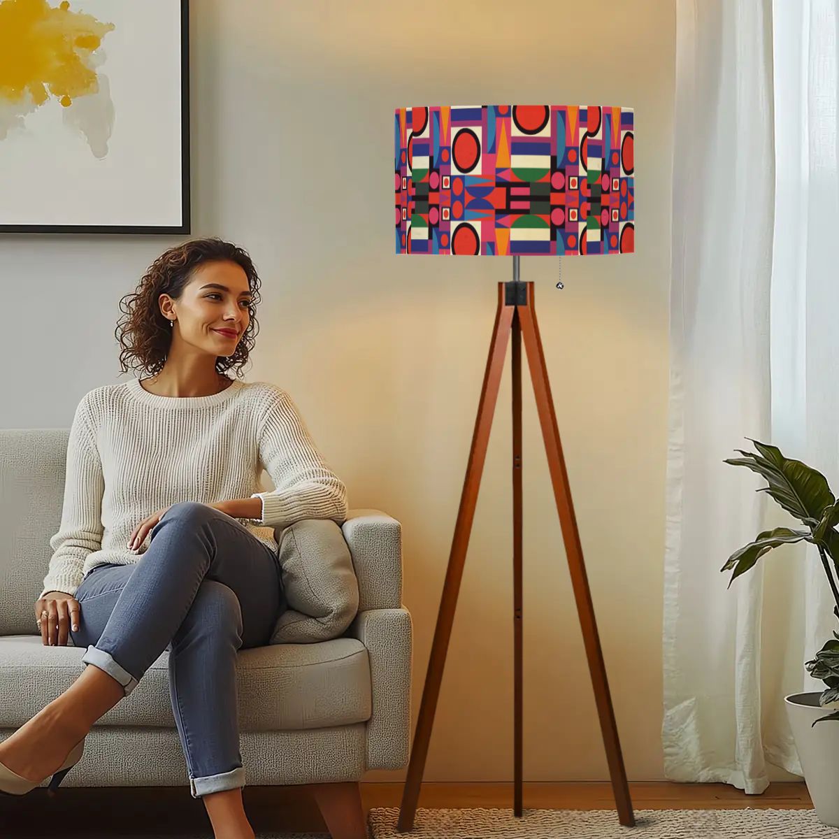 Mid Century Modern Geometric Red, Purple, Yellow Green MCM Bauhaus Designed Tripod Floor Lamp - Mid Century Modern Gal