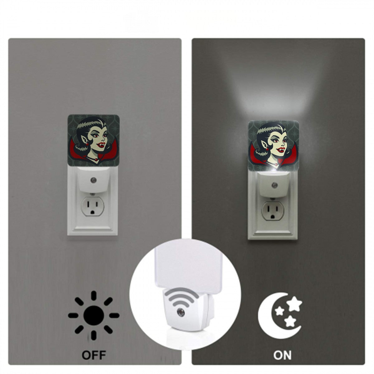 Vampire Dracula Girl Halloween Goth Horror Buff MCM Green LED Night Light Set of 2 - Mid Century Modern Gal
