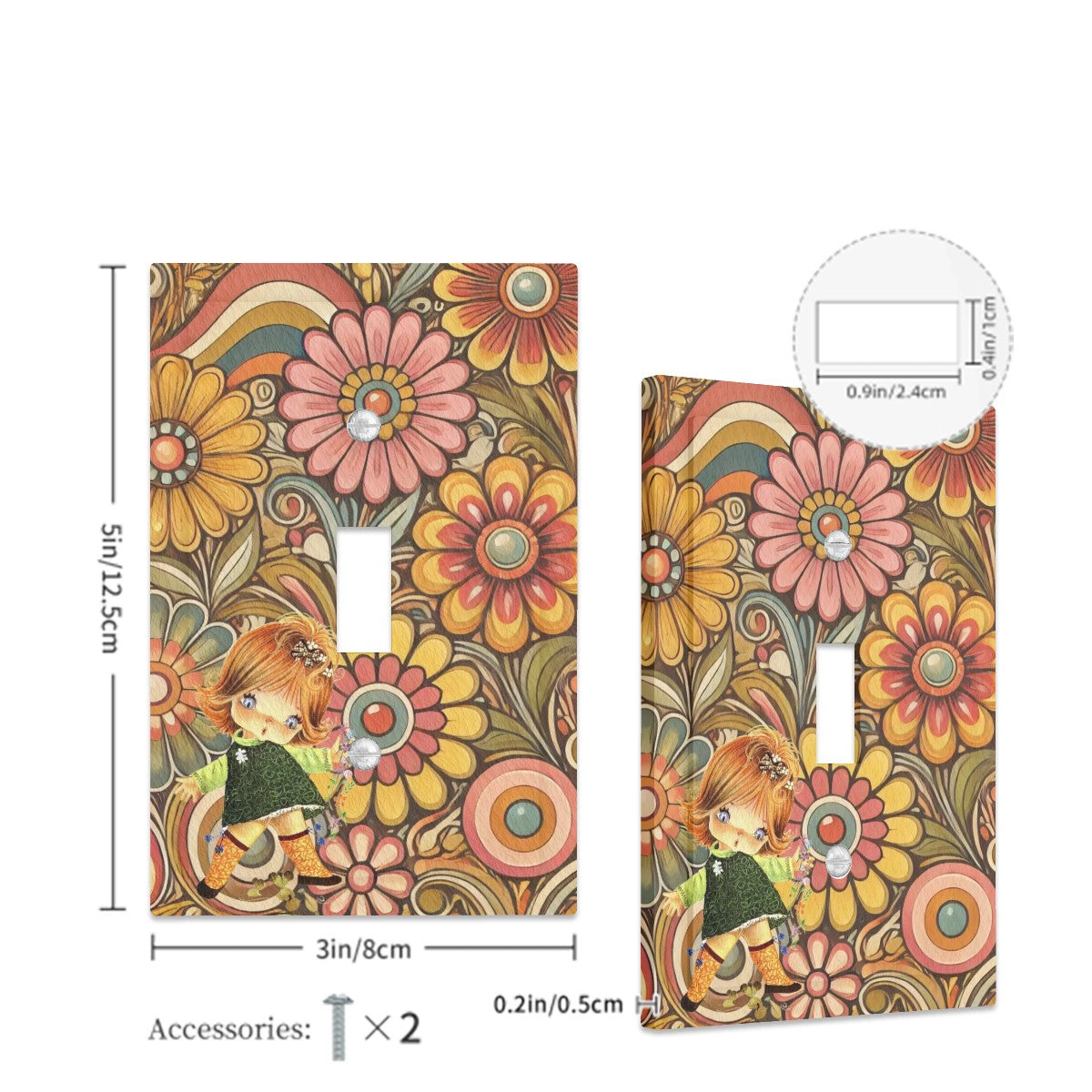 Retro Flower Power, Cute Big Eyed 70s Gal Leather Texture Switch Cover 1-Gang 1 Toggle - Mid Century Modern Gal