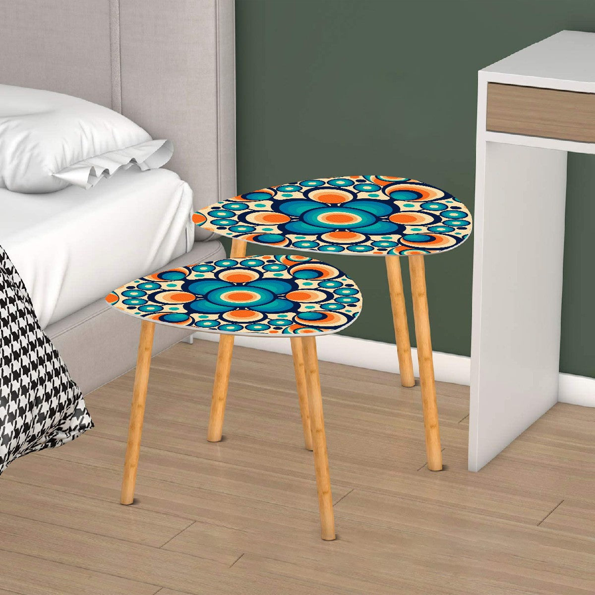 Groovy Mid Mod Nesting Tables, Blue, Orange Orbs Mod Table Set - Mid Century Modern Gal