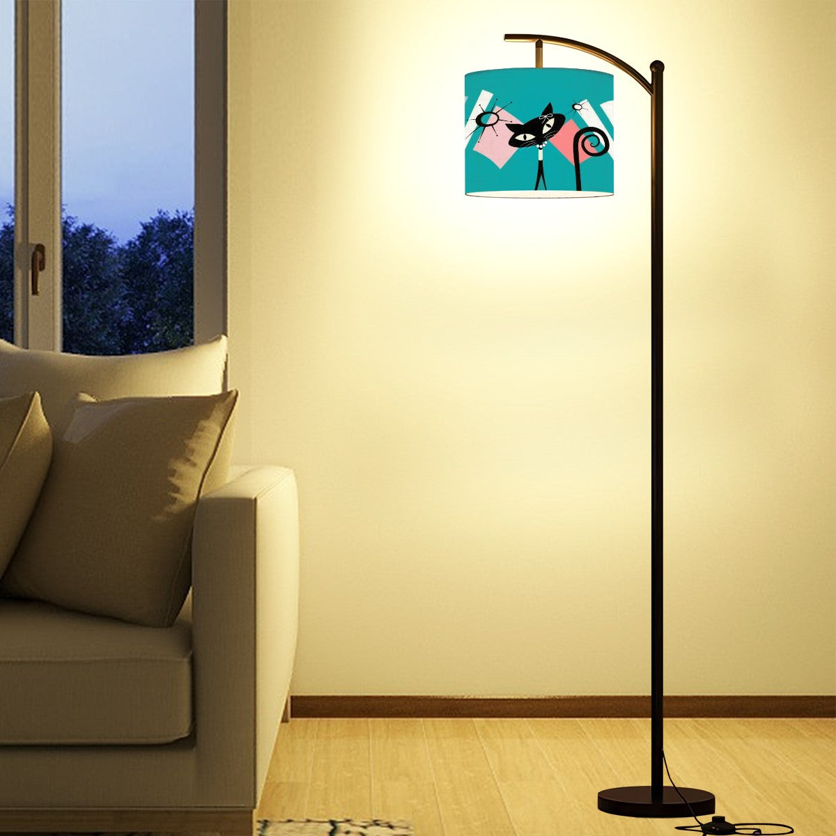 Mid Century Modern Atomic Cat,Arc Floor Lamp In Coral Aqua Kitsch Design - Mid Century Modern Gal