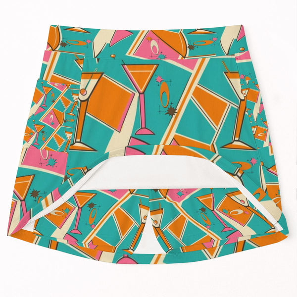 Retro Kitsch Mid Mod Teal Orange Pink Women's Tennis Skort with Pockets