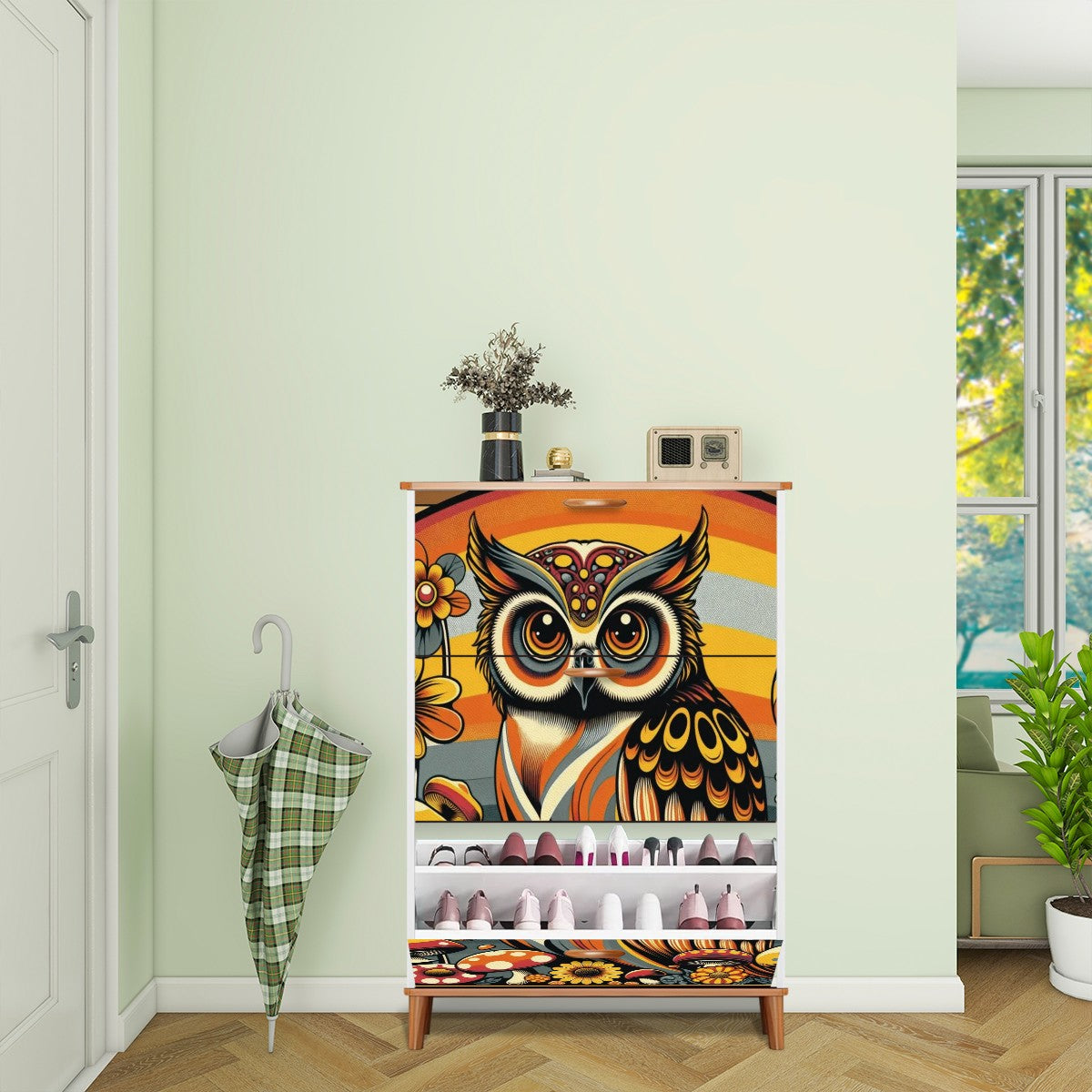 1970s Owl Decor, Mushroom And Floral, Groovy Mid Mod Shoe Storage Cabinet - Mid Century Modern Gal