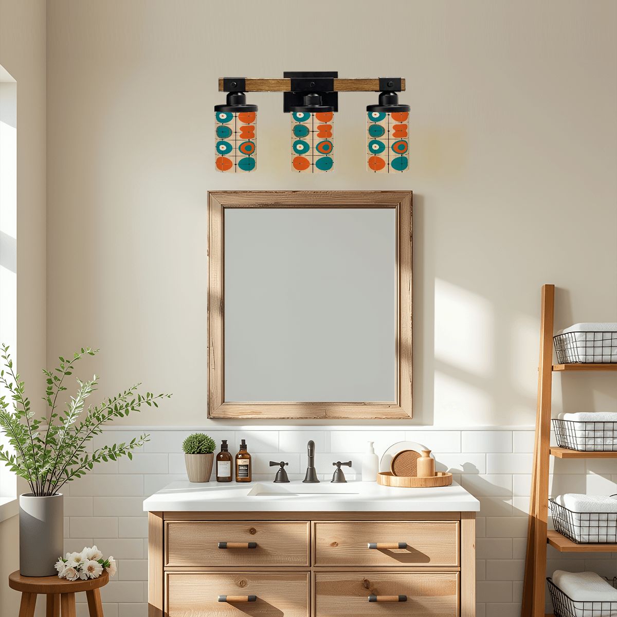Mid Century Modern Vanity Light Fixture, Geometric Orange Teal Tan Bathroom Light Fixture - Mid Century Modern Gal