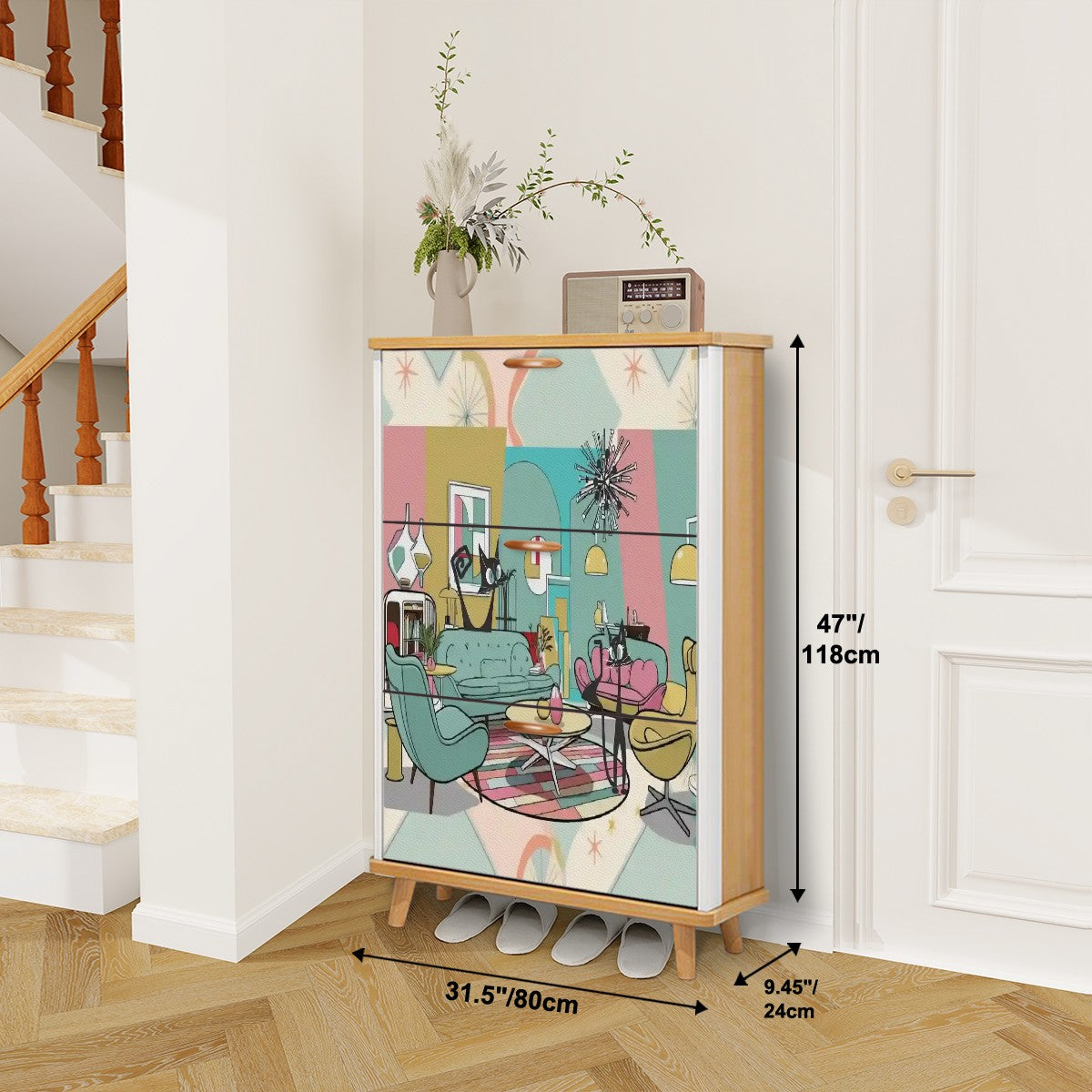 Atomic Cat, Mid Century Modern Lounging Retro Cats, MCM Shoe Cabinet - Mid Century Modern Gal