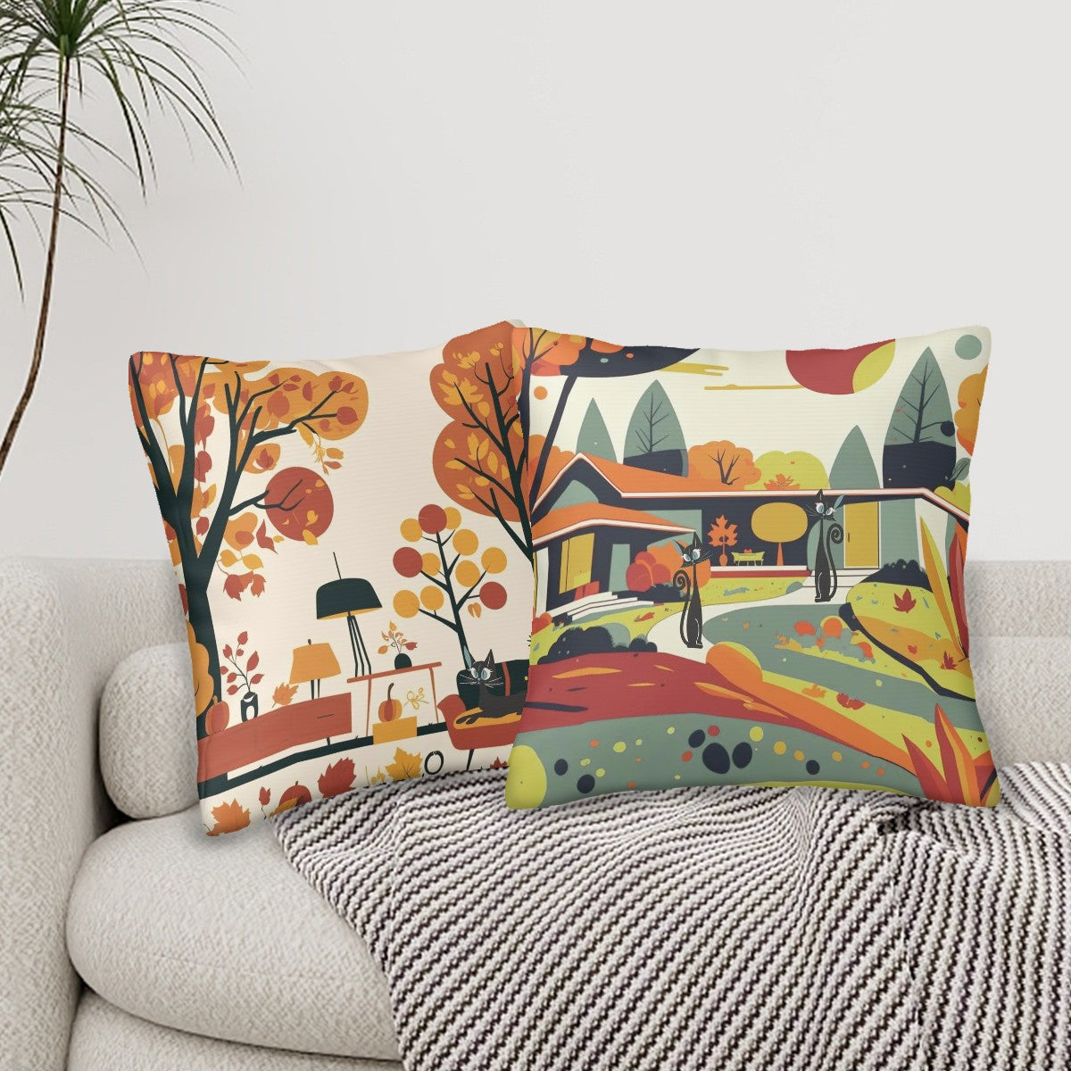 Mid Century Modern Fall Scandinavian Atomic Cat Kitschy Designed Seasonal Pillow Covers - Mid Century Modern Gal