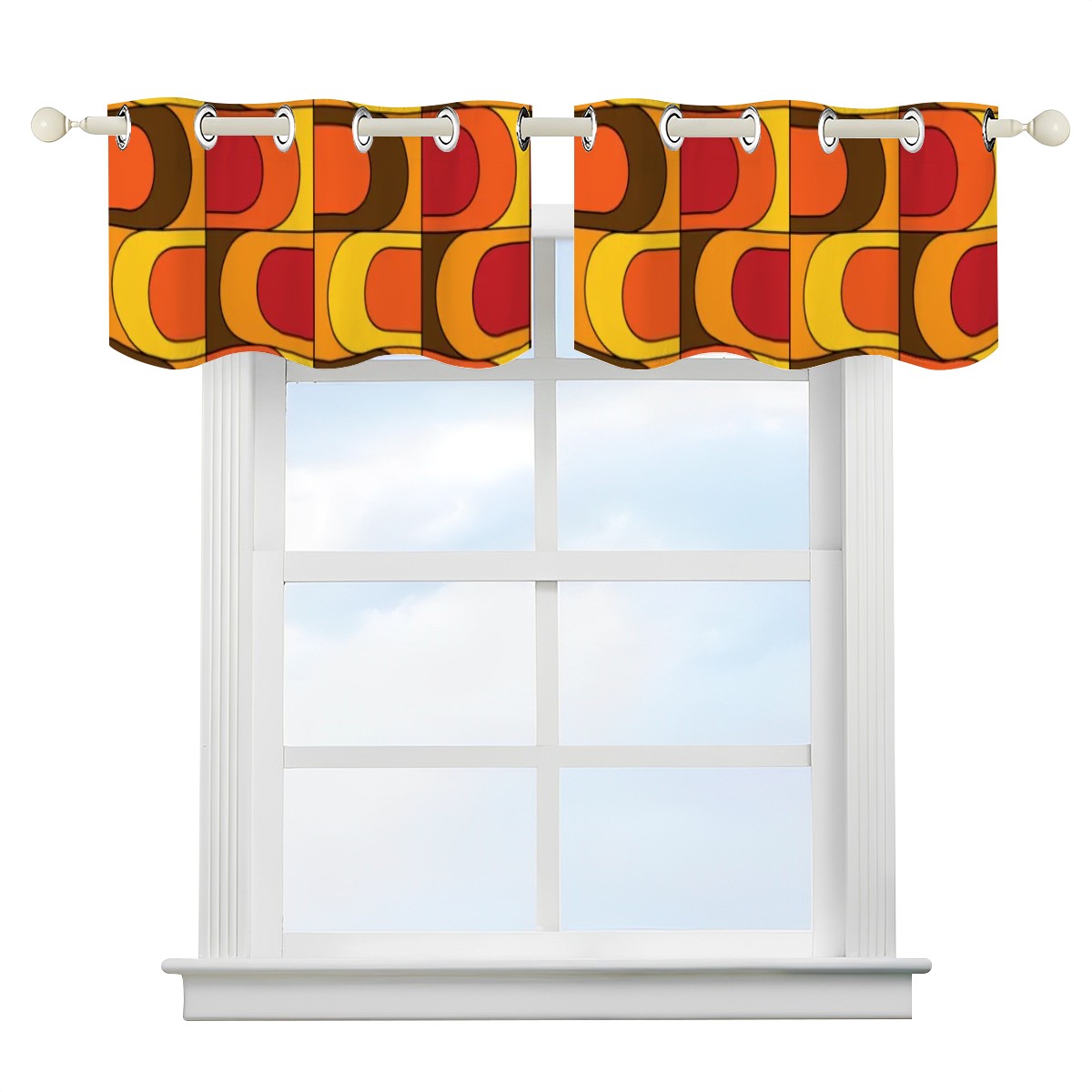 Retro Kitschy Mod Orange Yellow Brown Red 70s Designed Valance Curtains - Mid Century Modern Gal