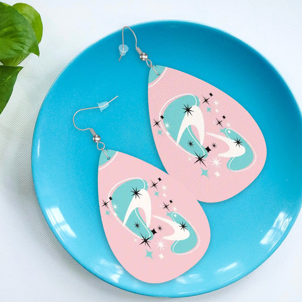 Atomic Cocktail Vegan Leather Teardrop Earring, Pink Aqua Boomerang