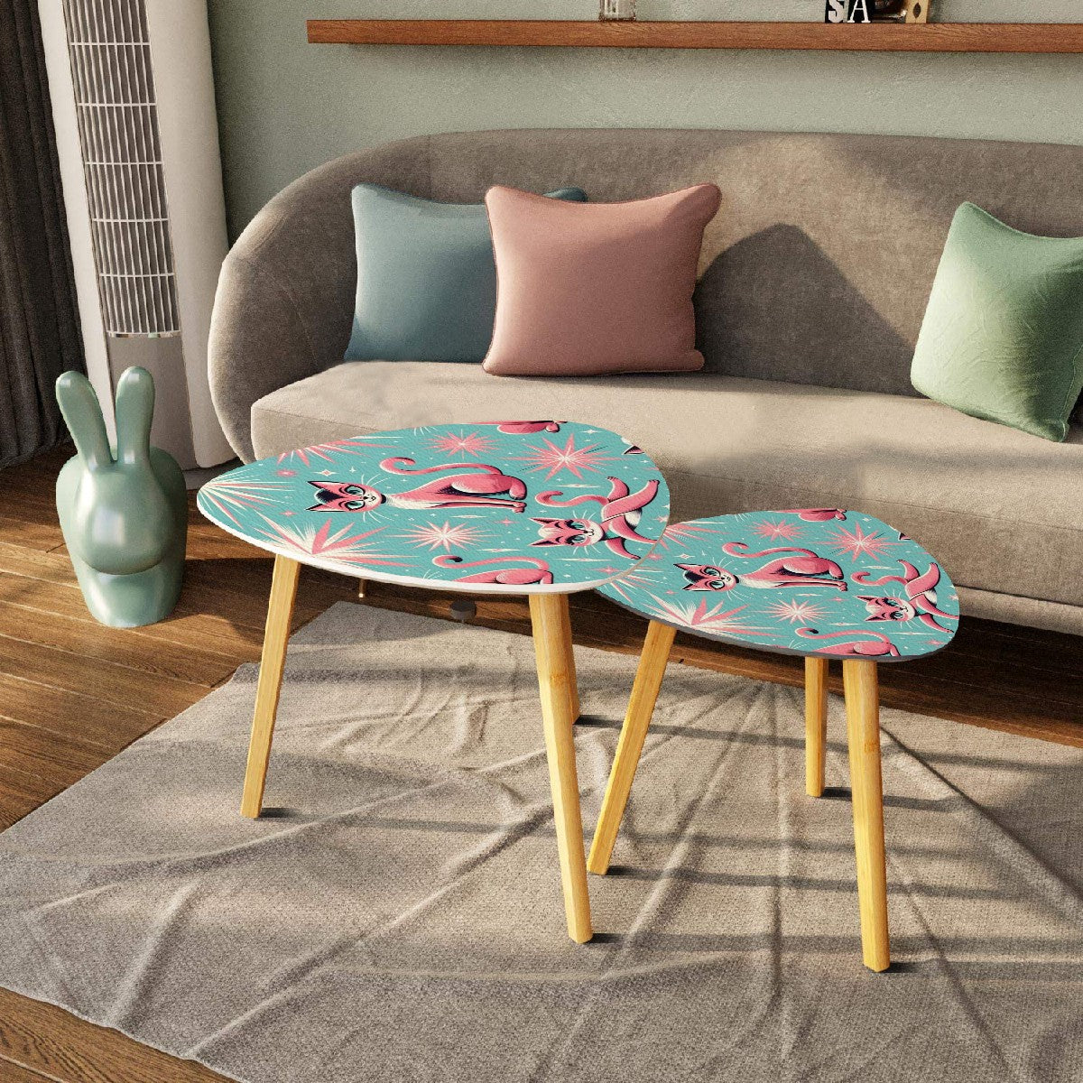 Atomic Aqua Pink Starburst Mid Century Modern Nesting Tables, Kitschy Pink Kitties - Mid Century Modern Gal