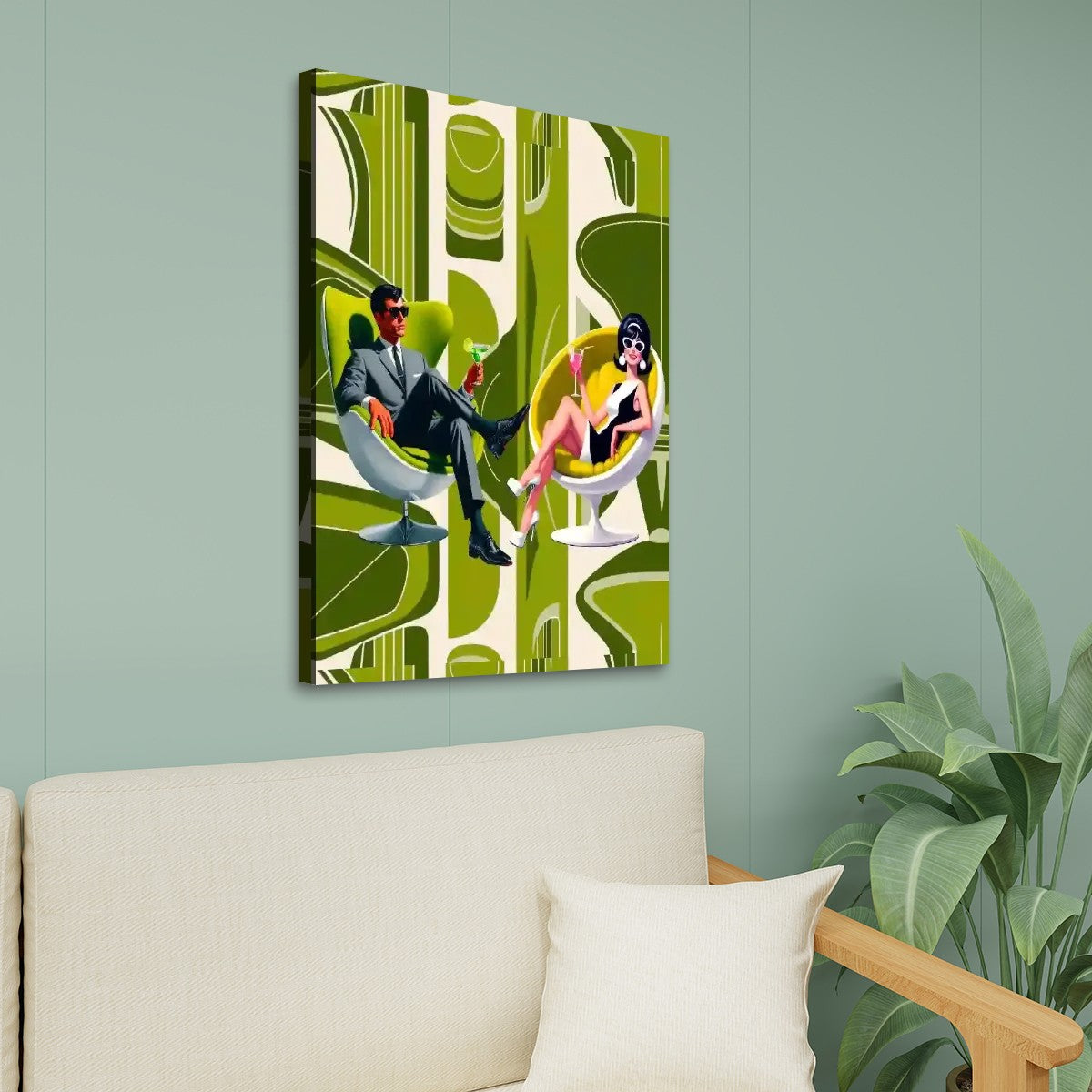 Mid Century Modern Groovy 60s Couple, Kitschy Mod Green Canvas Print - Mid Century Modern Gal
