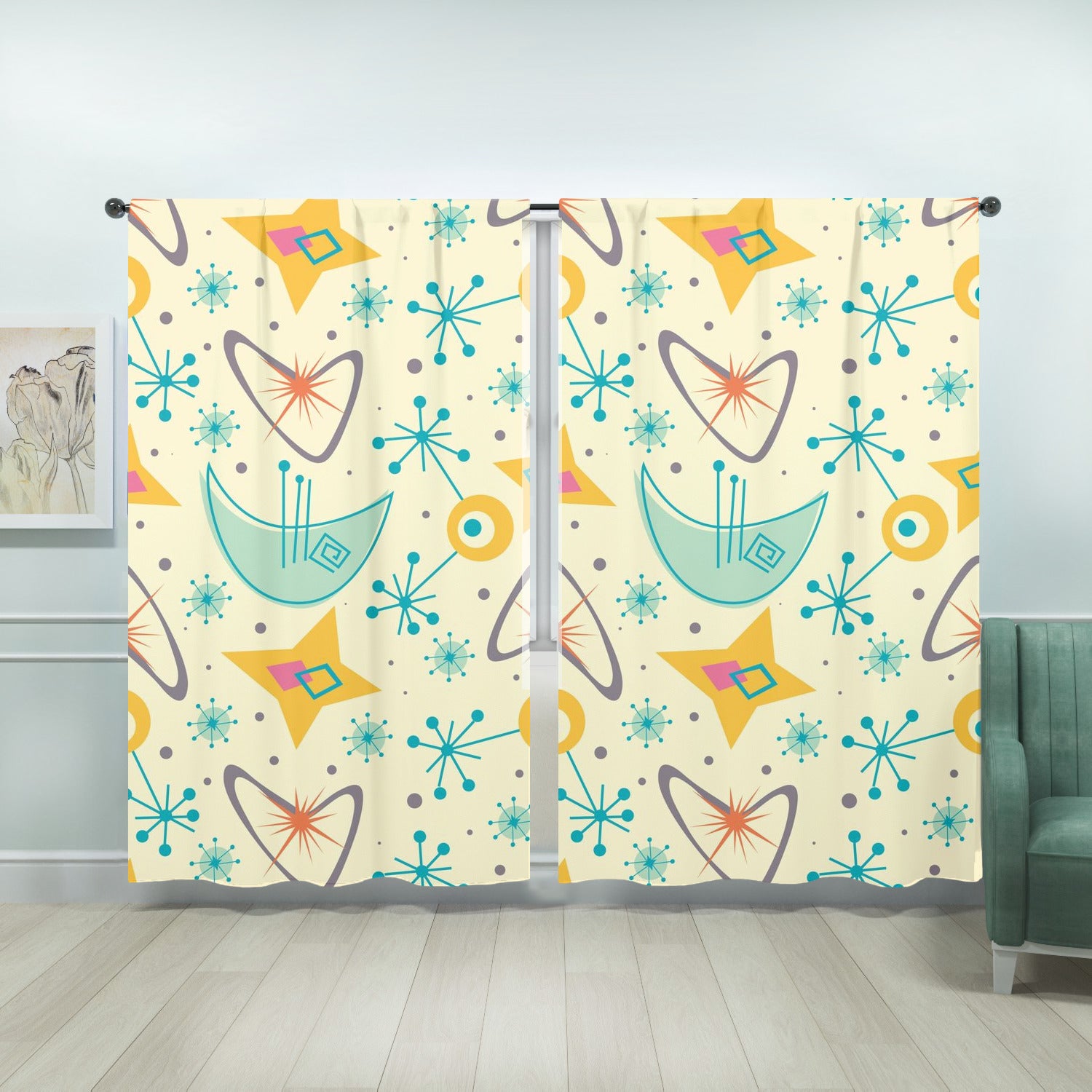 Mid Century Modern Atomic Boomerang, Retro Starburst Window Curtains (two panels) - Mid Century Modern Gal