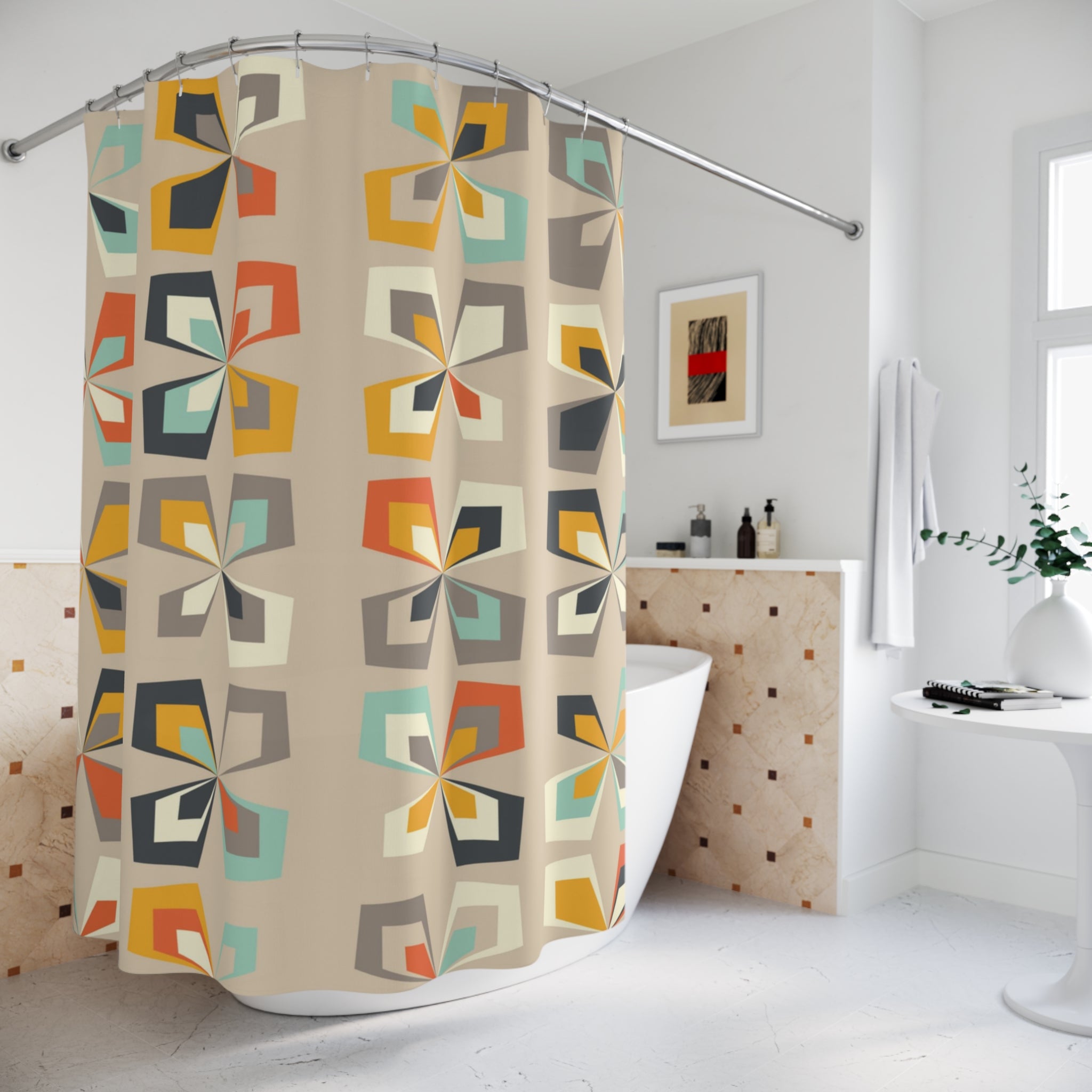 Mid Century Shower Curtain, 60s 70s Retro Scandinavian Pinwheel Butterfly Shower Curtain - Mid Century Modern Gal