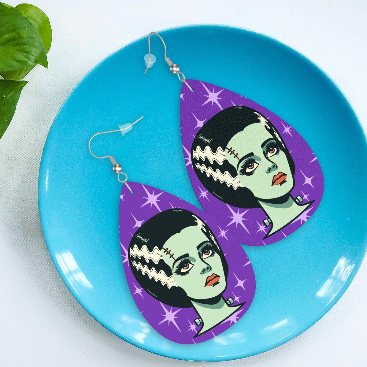 Bride of Frankenstein Retro Mid Mod Horror Buff Purple Halloween Vegan Leather Teardrop Earrings - Mid Century Modern Gal