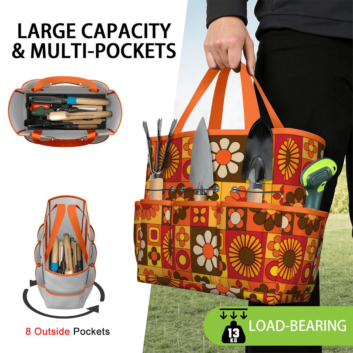 Retro 70s Mod Floral Orange Brown Yellow Mid Mod Hip Garden Tool Bag