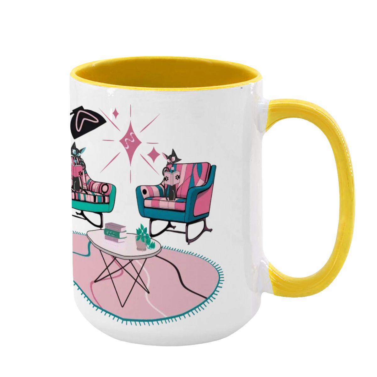 Atomic Reading Cats, Kitschy Mid Century Modern Large Colorful Mug (15oz) - Mid Century Modern Gal