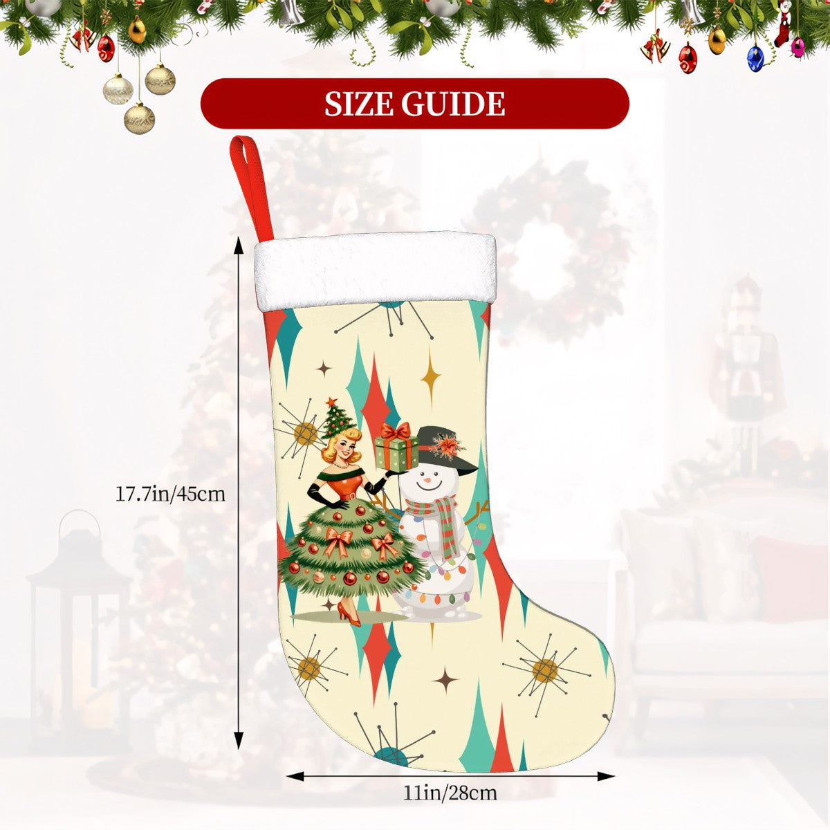 Franciscan Starburst Mid Century Modern Christmas Gal, SnowmanPlush Christmas Stocking - Mid Century Modern Gal