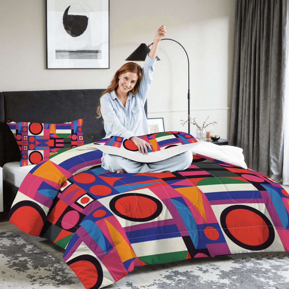 Mid Century Modern Bauhaus Designed Geometric Red, Blue Yellow Green MCM King Comforter Set - Mid Century Modern Gal