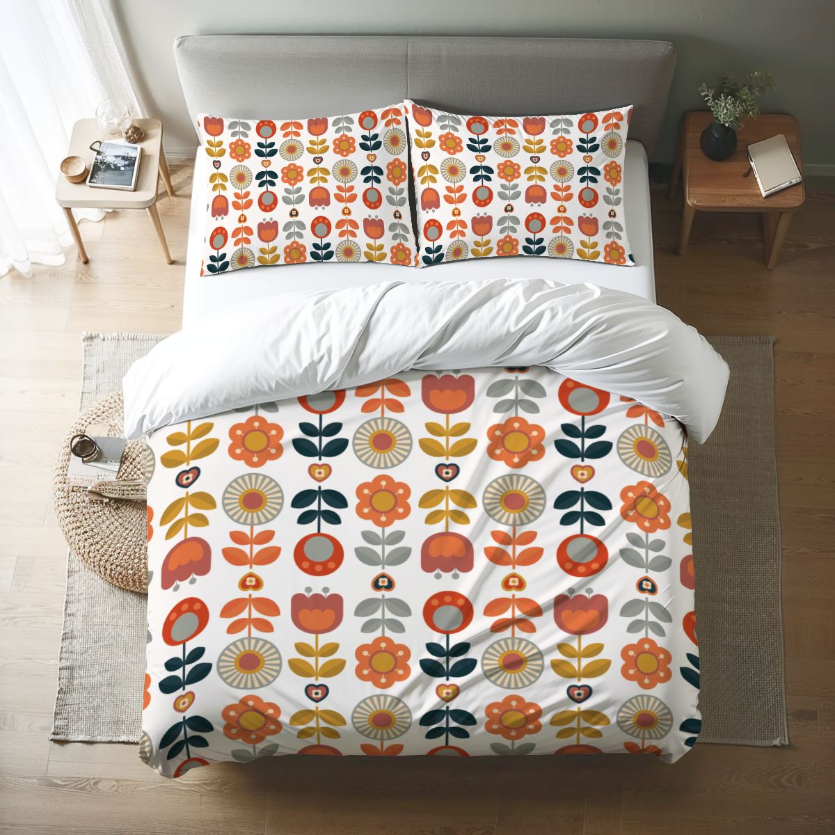 Scandinavian Modern Danish Floral Cheery Retro Mod Queen Duvet Cover Set - Mid Century Modern Gal