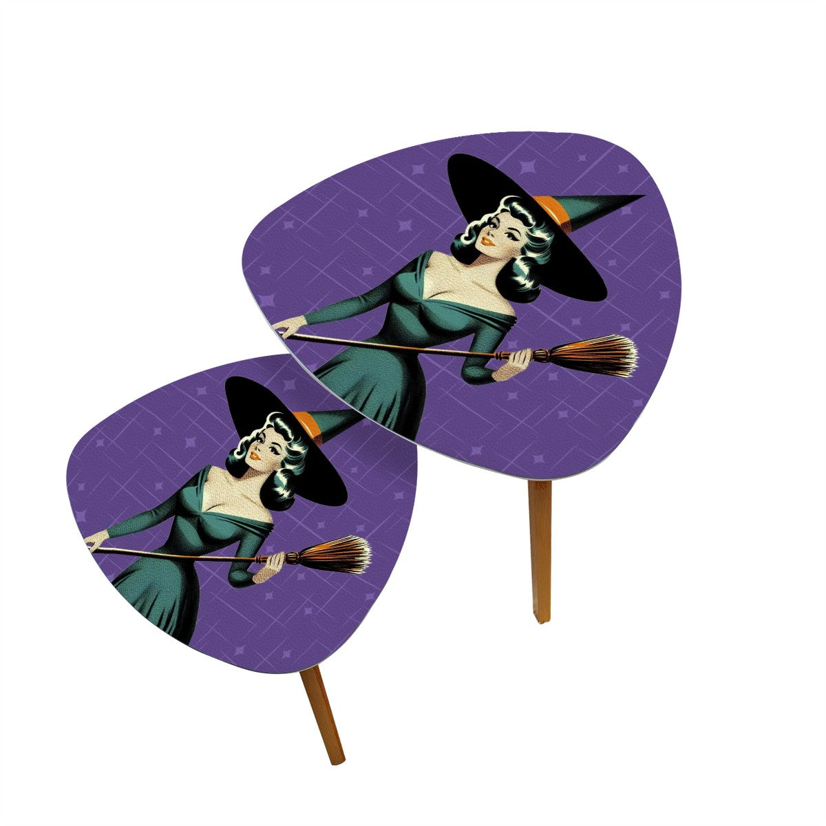 Mid Century Modern Vintage Pin Up Witch Purple Teal Halloween Nesting Tables - Mid Century Modern Gal